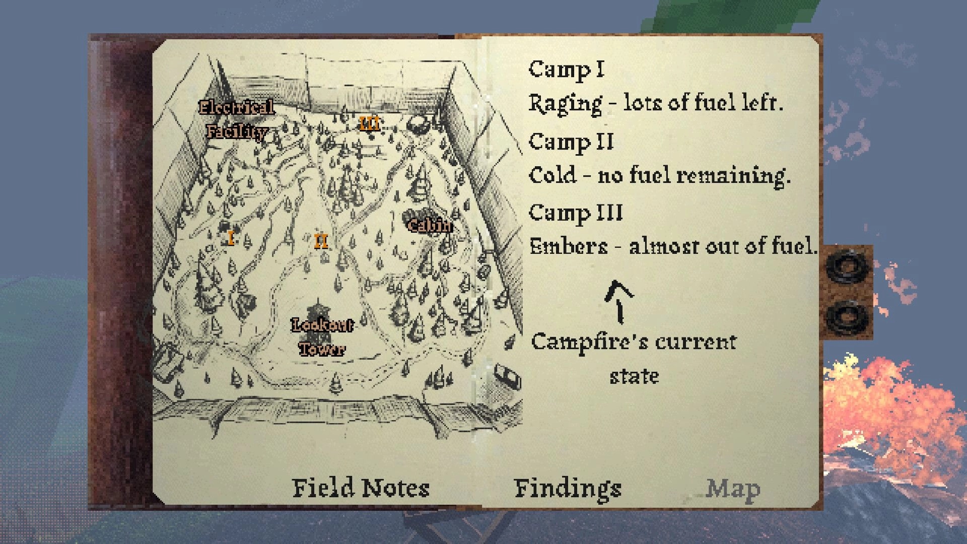 The Kept Fire: Map menu with valley sketch and campfire fuel states beside Cabin and tower icons.