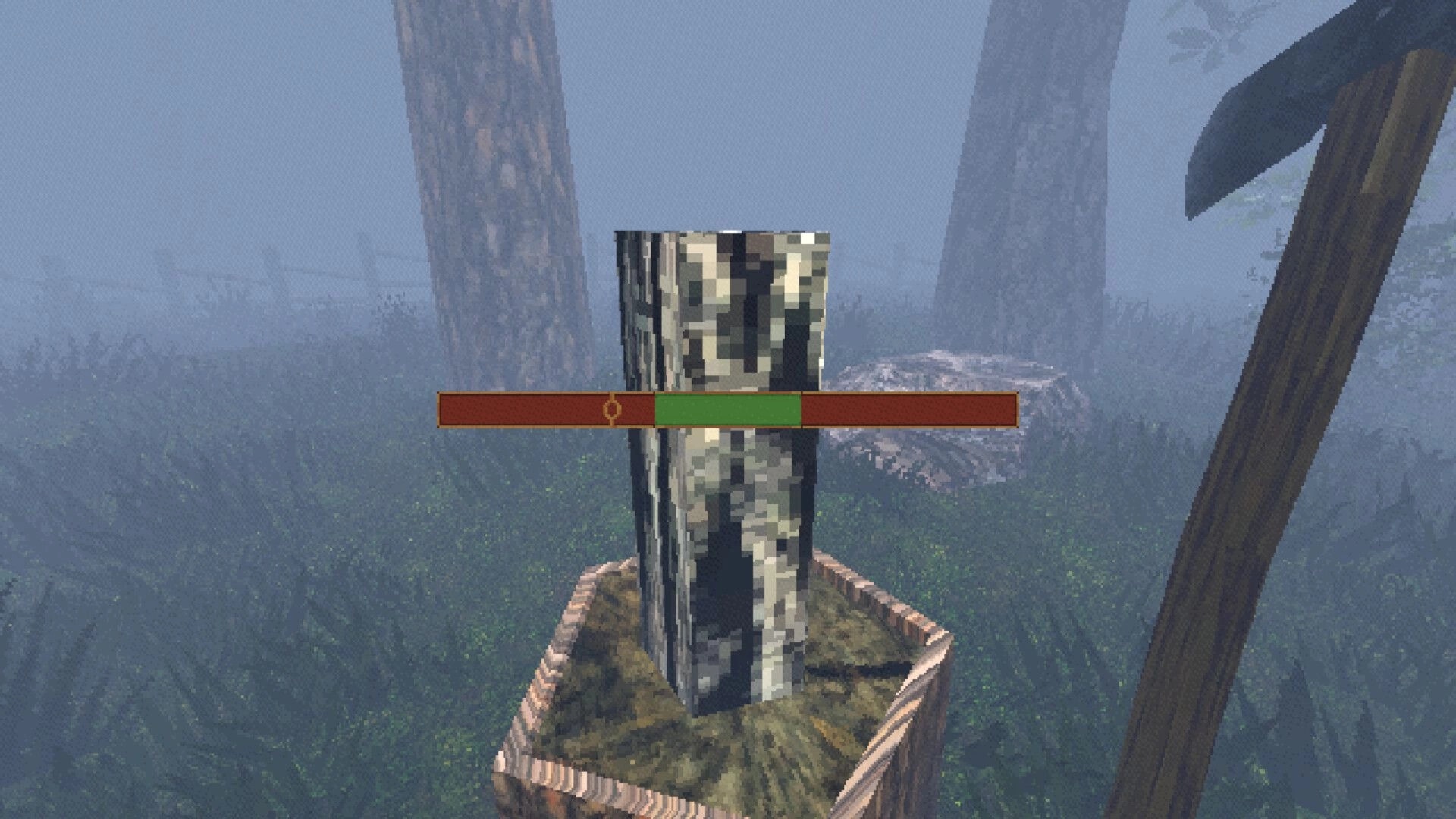 The Kept Fire: Crosshair aimed at a stone pillar with a red-green meter in a foggy forest clearing.