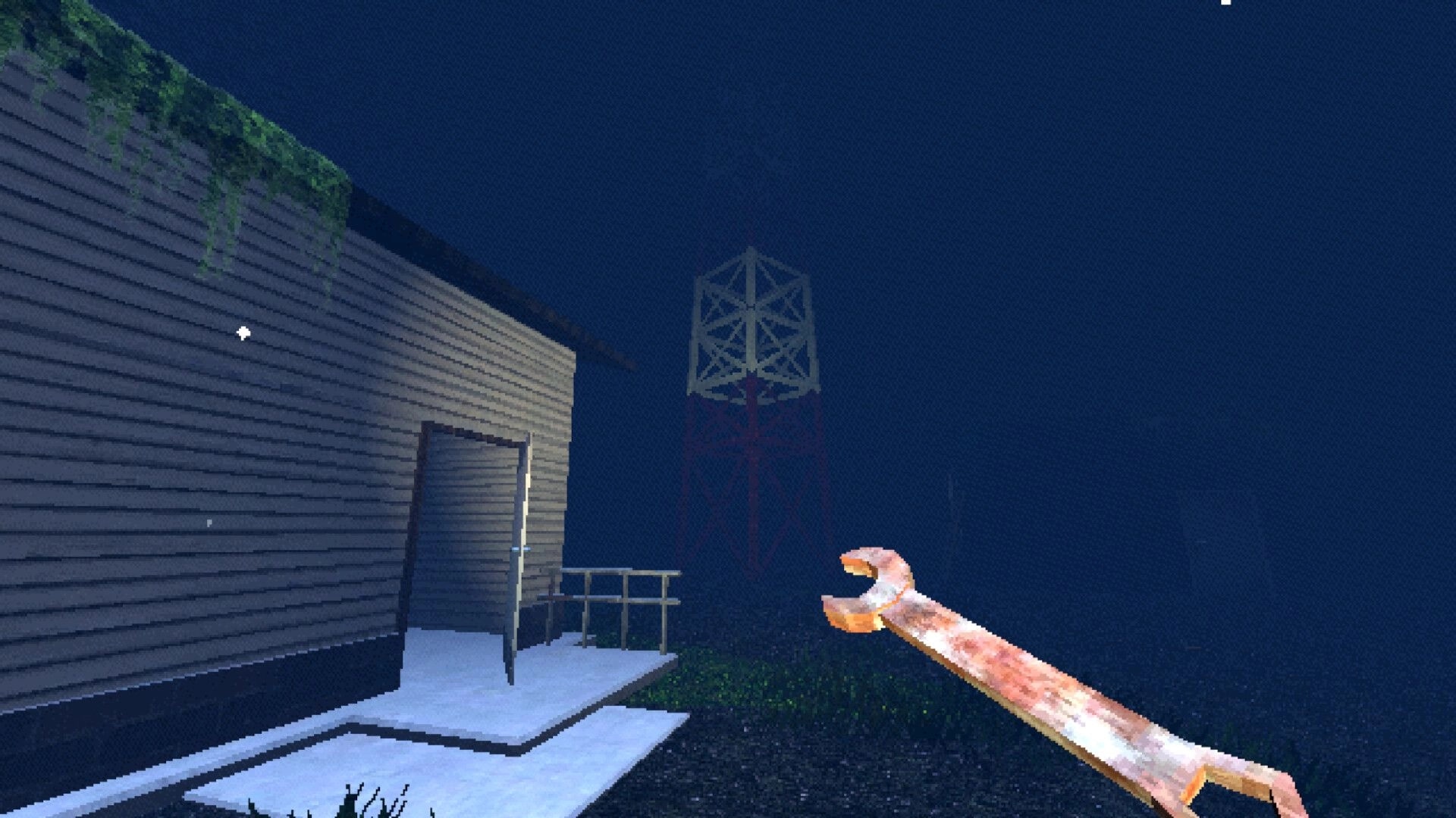 The Kept Fire: First-person view holding a rusty wrench outside a foggy shack at night.