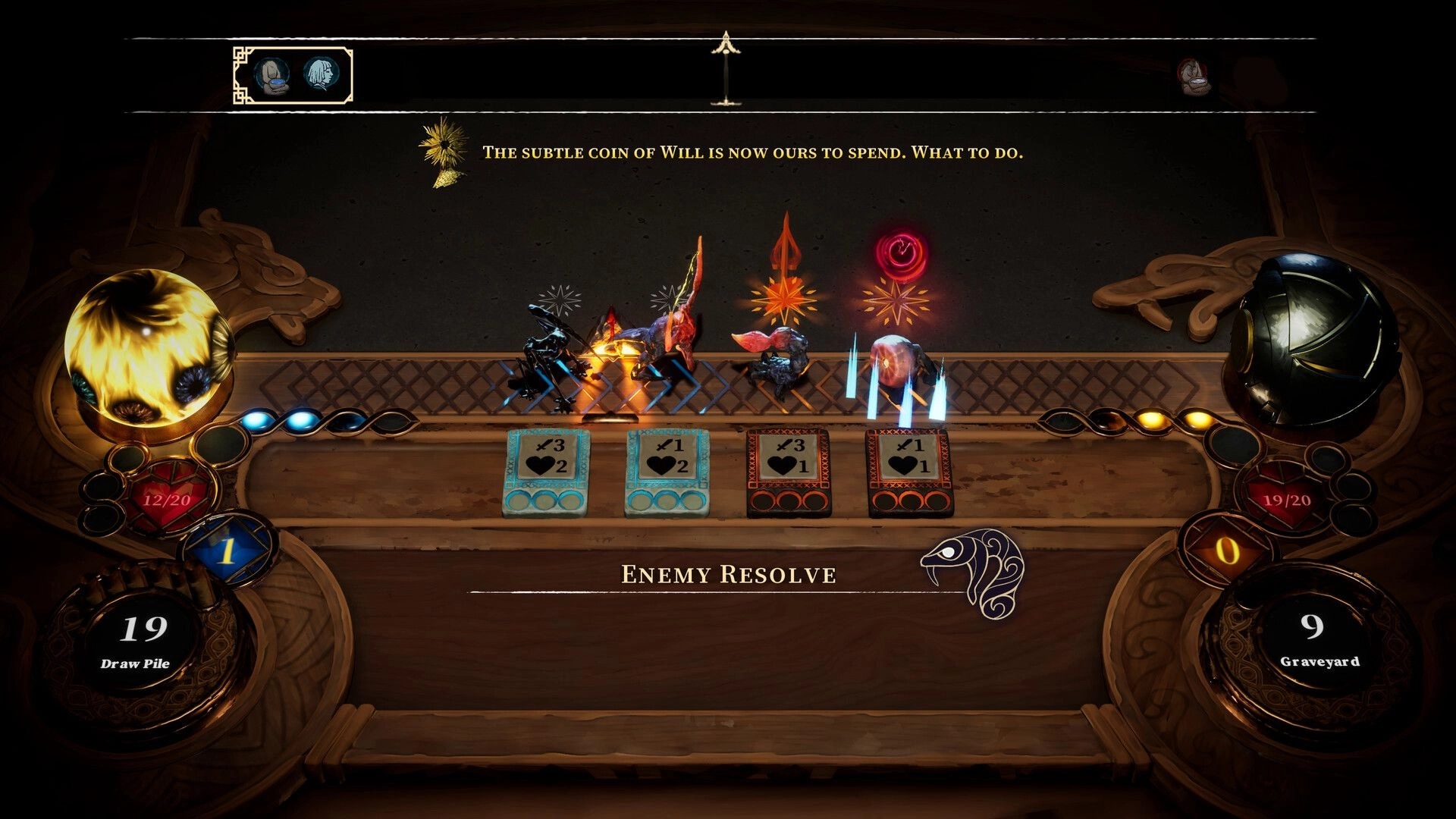 The Killing Stone: Enemy resolve phase with cards and creatures clashing on an ornate tabletop board.