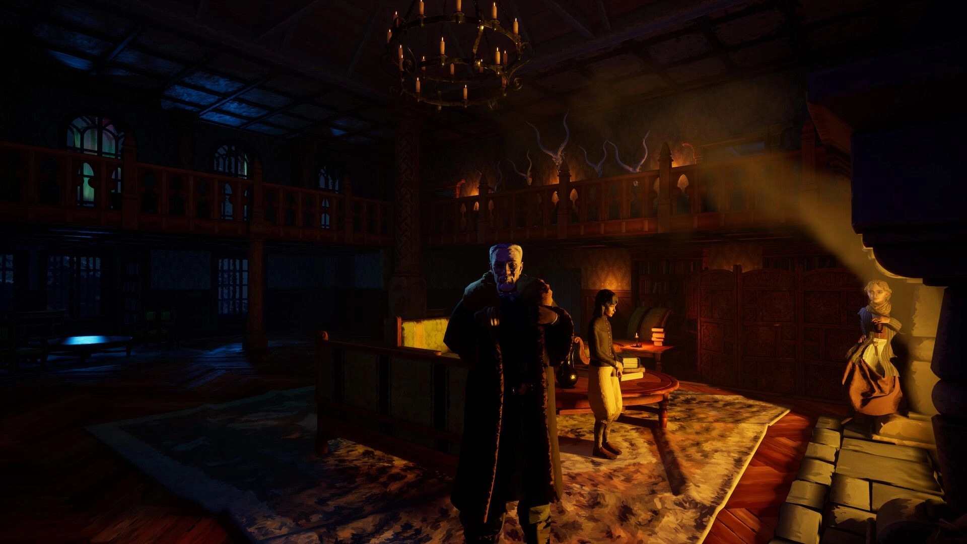 The Killing Stone: NPCs gathered by a table and books in a candlelit manor hall with balcony.