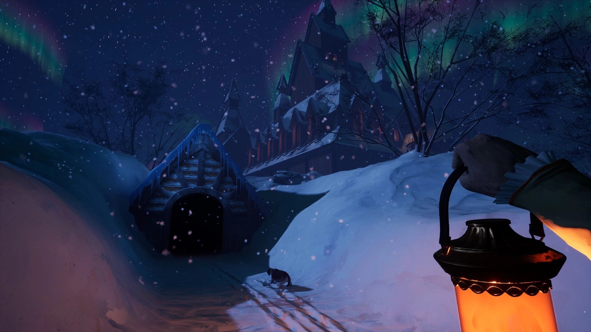 The Killing Stone: First-person lantern view on snowy path toward gothic manor under falling snow at night.