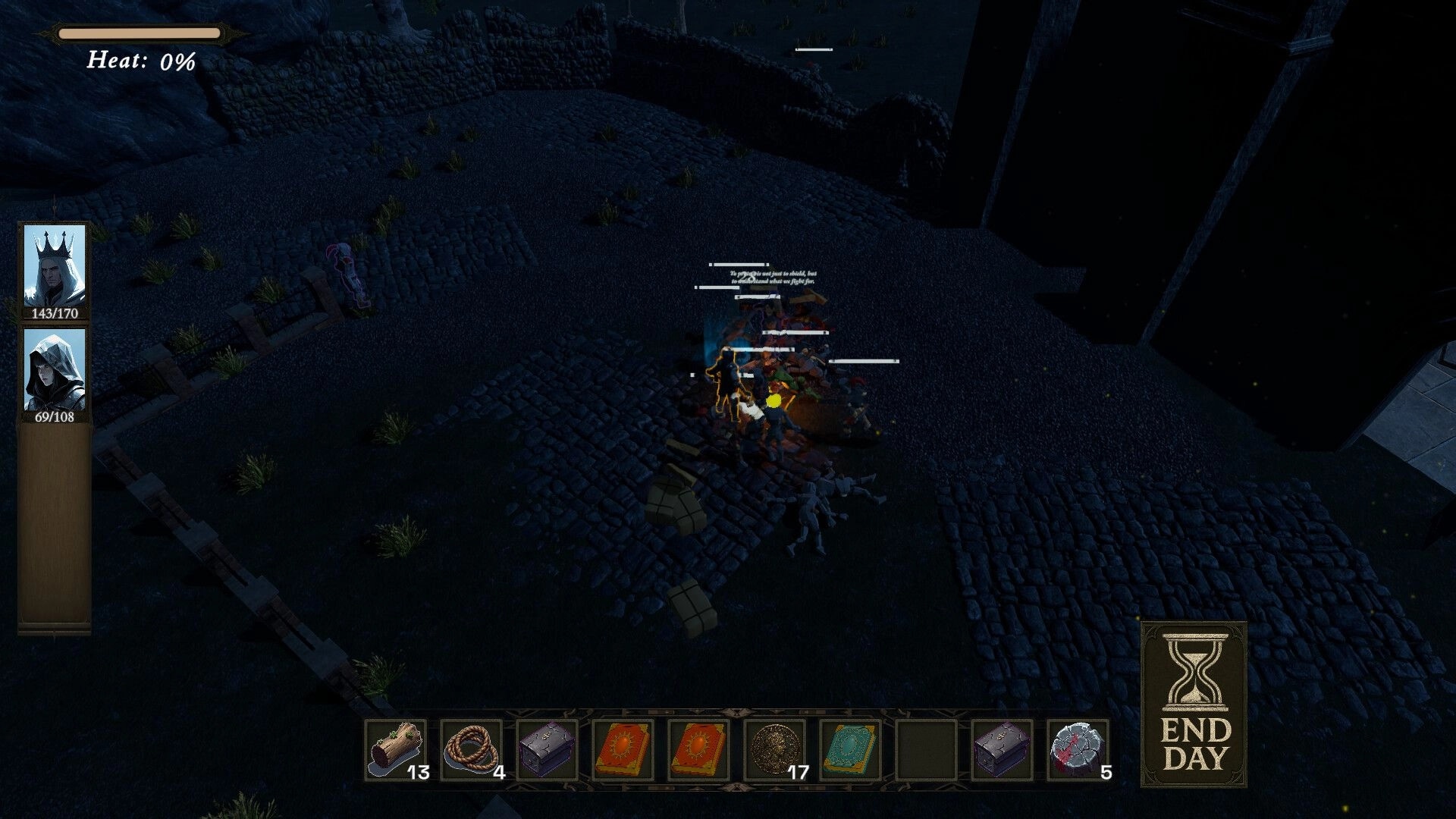 The King's Bargain: Characters fight enemies amidst ruins, inventory and health bars displayed on screen