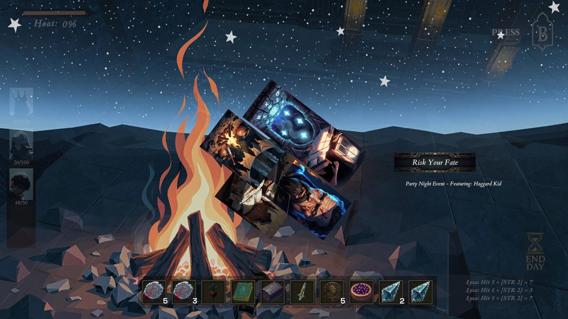 The King's Bargain: Tarot card selection by campfire under starry sky with inventory items below