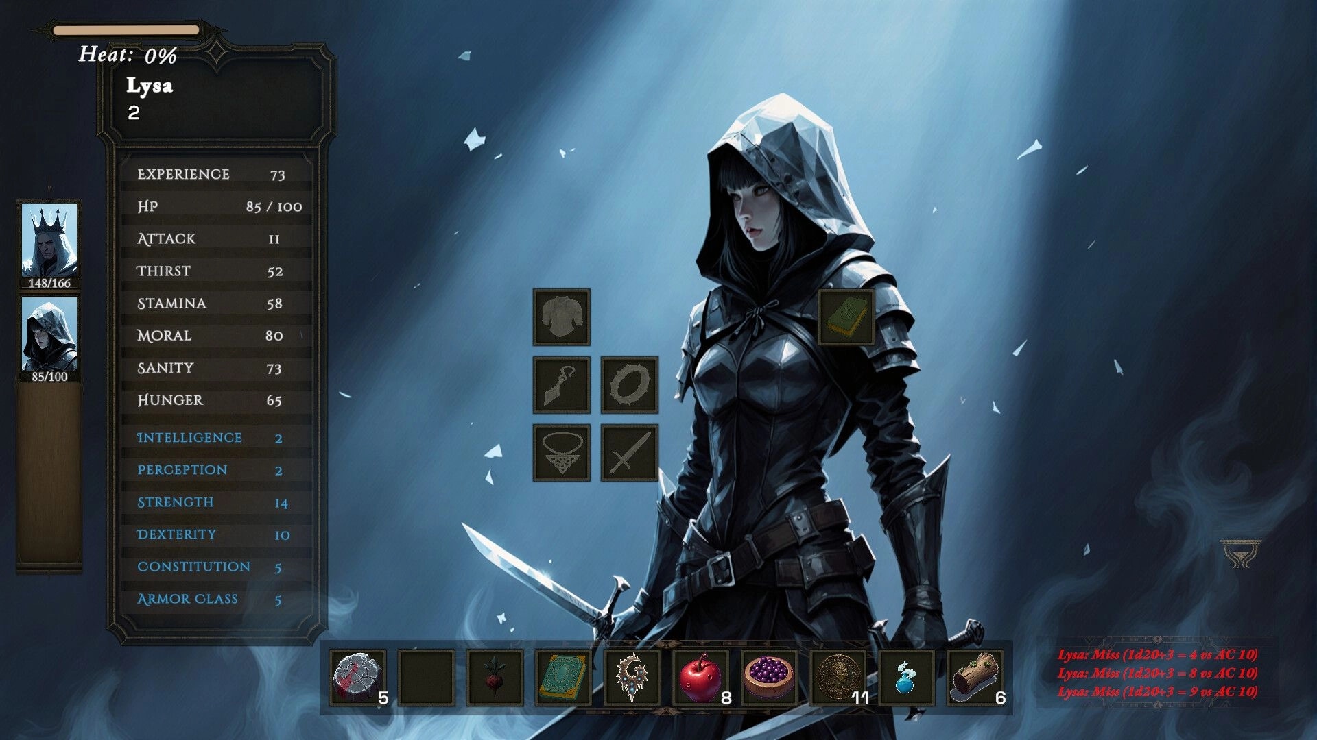 The King's Bargain: Lysa's character stats and inventory displayed in a dark, moody interface setting