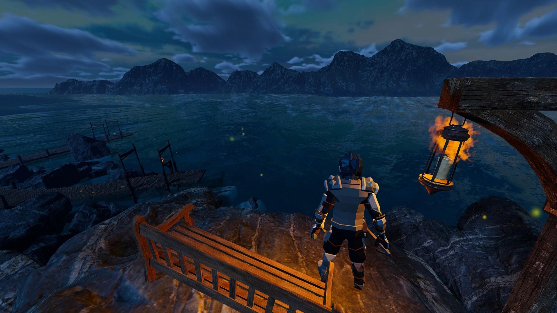 The King's Bargain: Armored figure overlooks a moonlit sea from a rocky cliff with a burning lantern nearby
