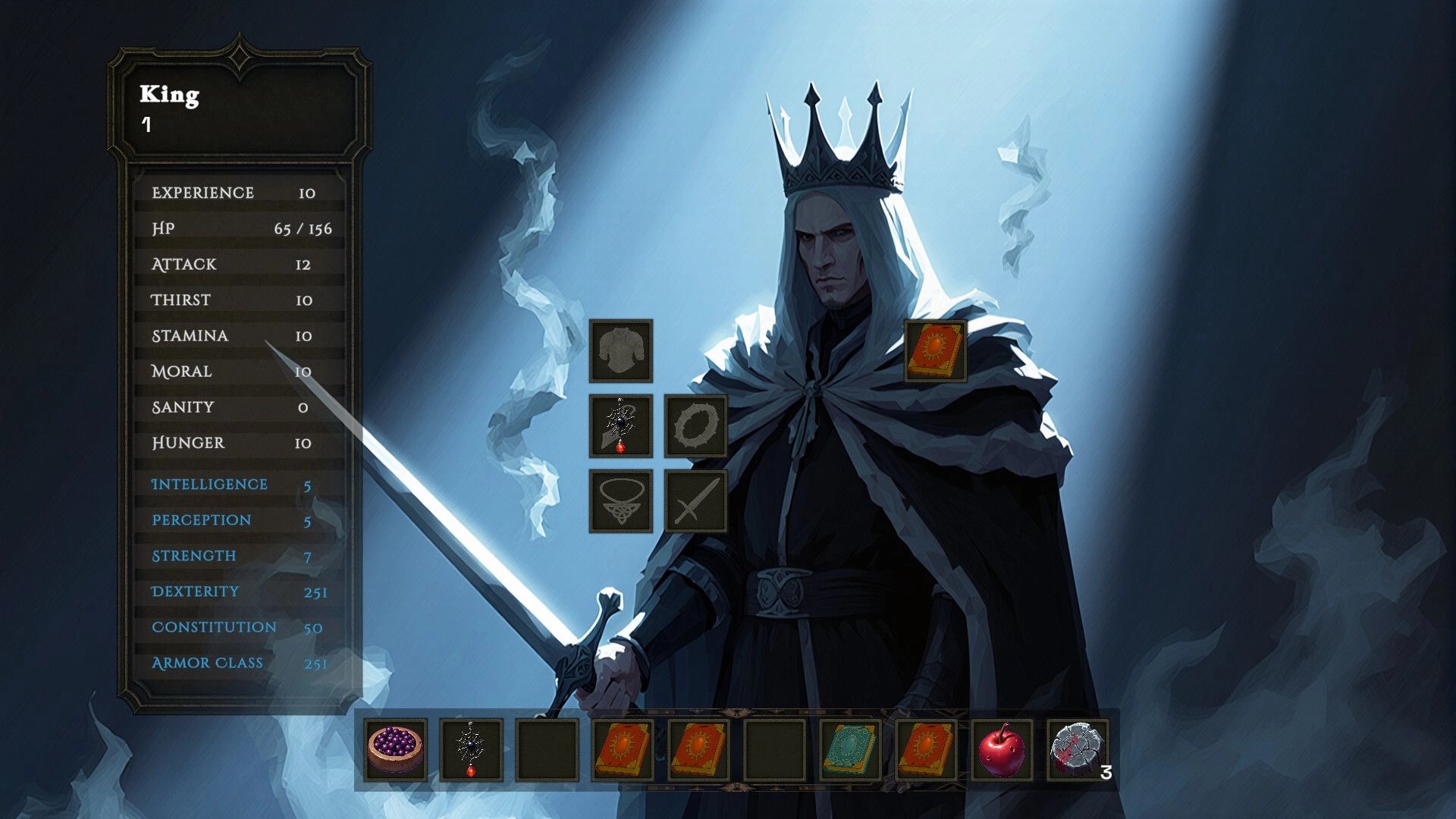 The King's Bargain: Character stats and inventory menu with a cloaked king holding a sword in dim light.