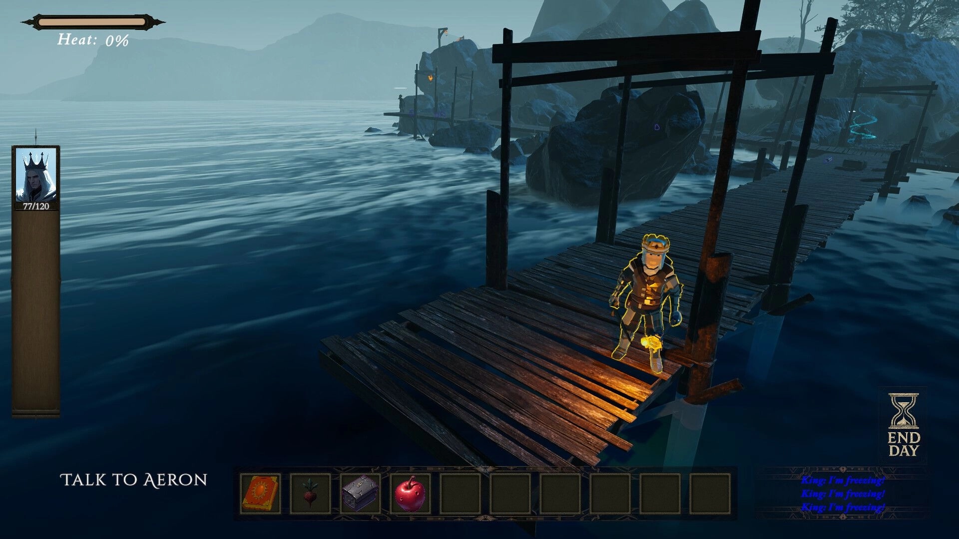 The King's Bargain: Character on dock at night, inventory bar and dialogue option "Talk to Aeron" visible.