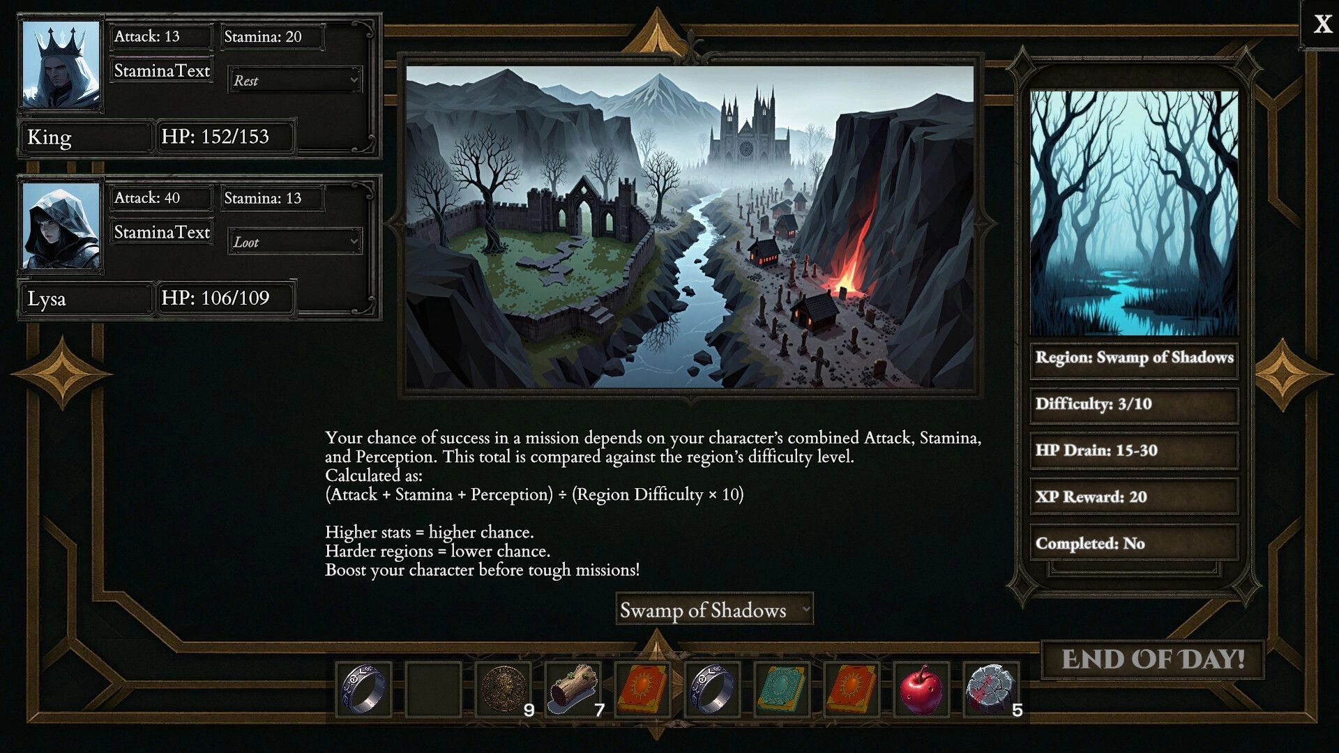 The King's Bargain: Character stats and mission details in Swamp of Shadows with inventory displayed