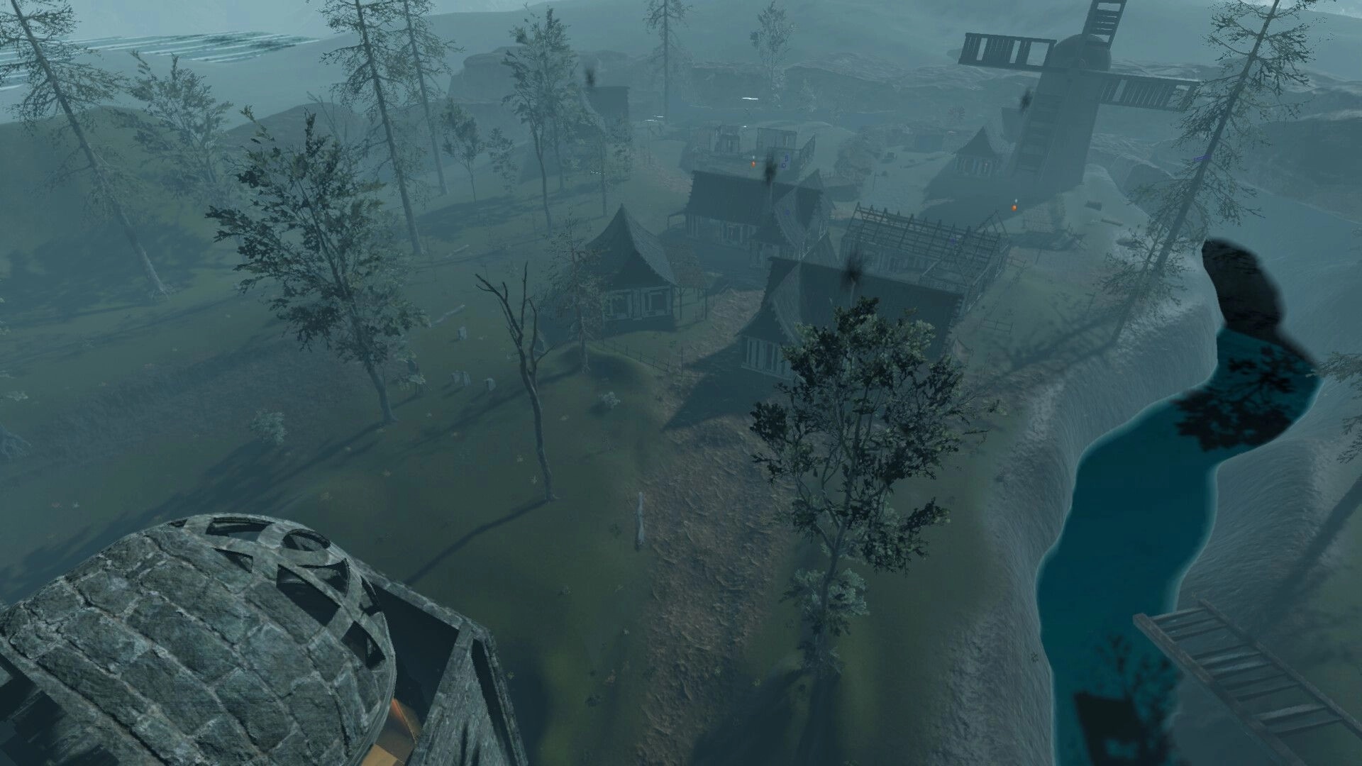 The King's Bargain: Aerial view of a foggy, desolate village with sparse trees and a distant windmill
