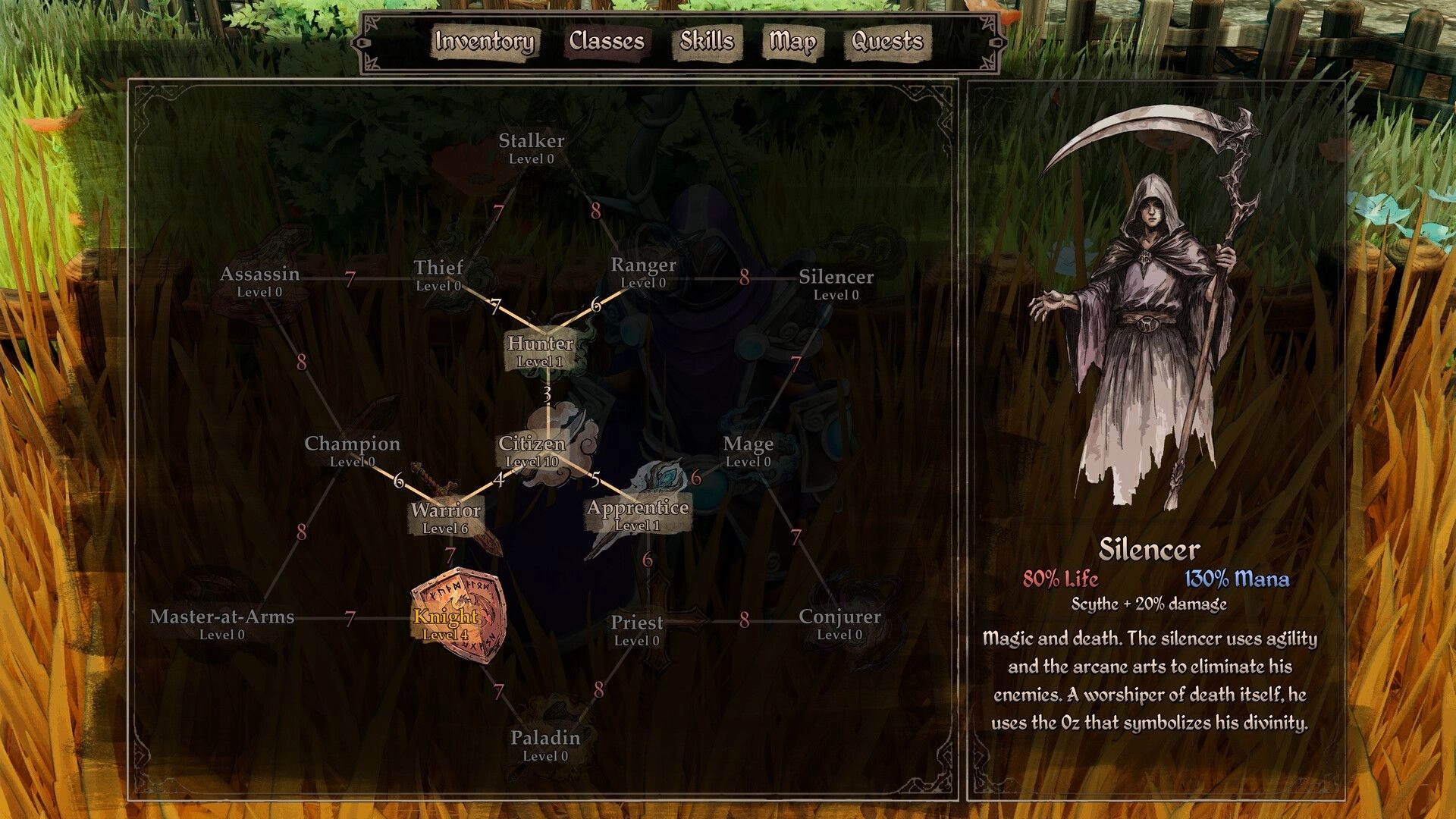 The Kingsward: Class tree menu highlighting Silencer with stats and scythe art over grassy field.