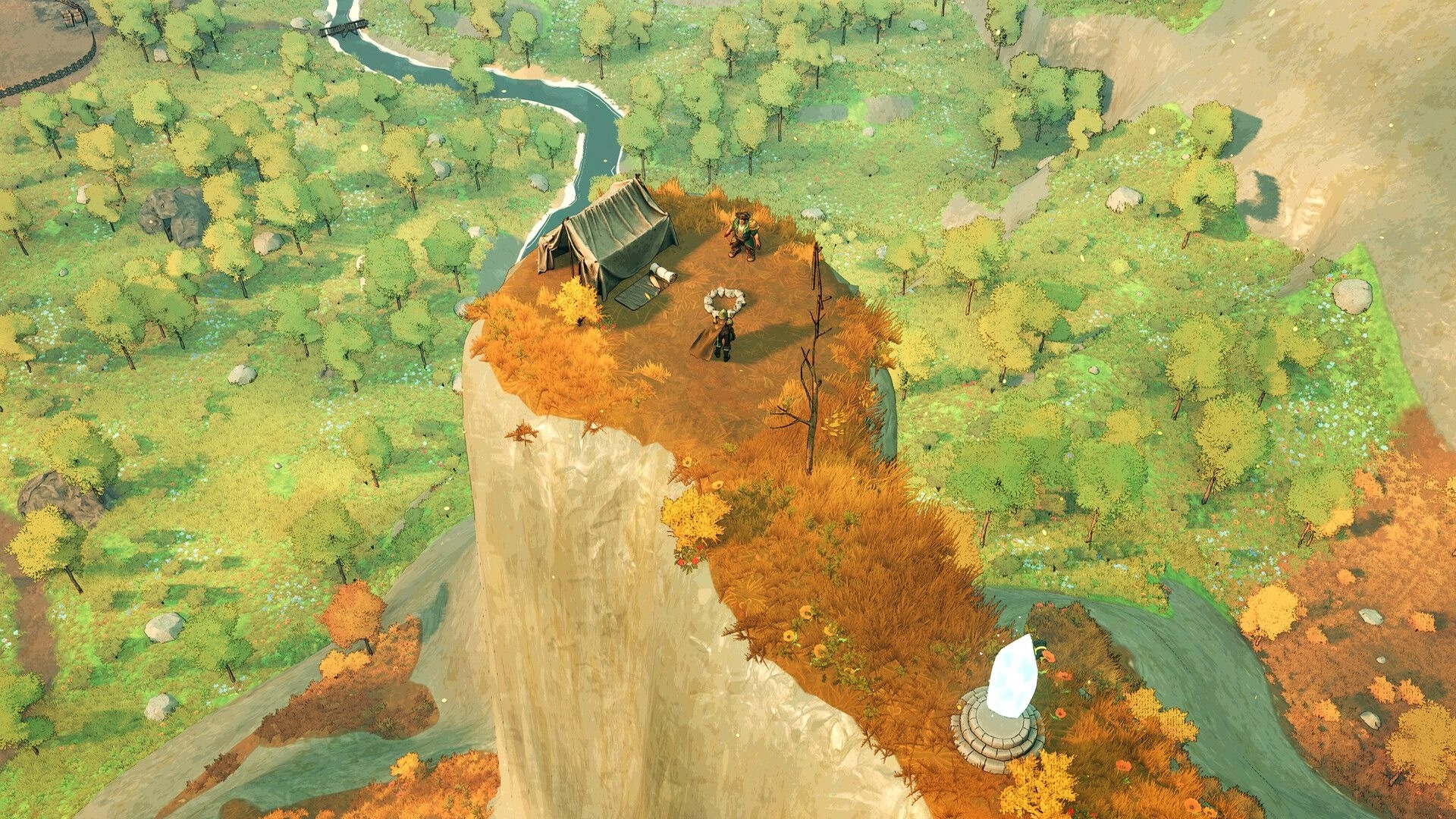 The Kingsward: Two adventurers at a cliffside campfire by a tent overlooking forest and river below.