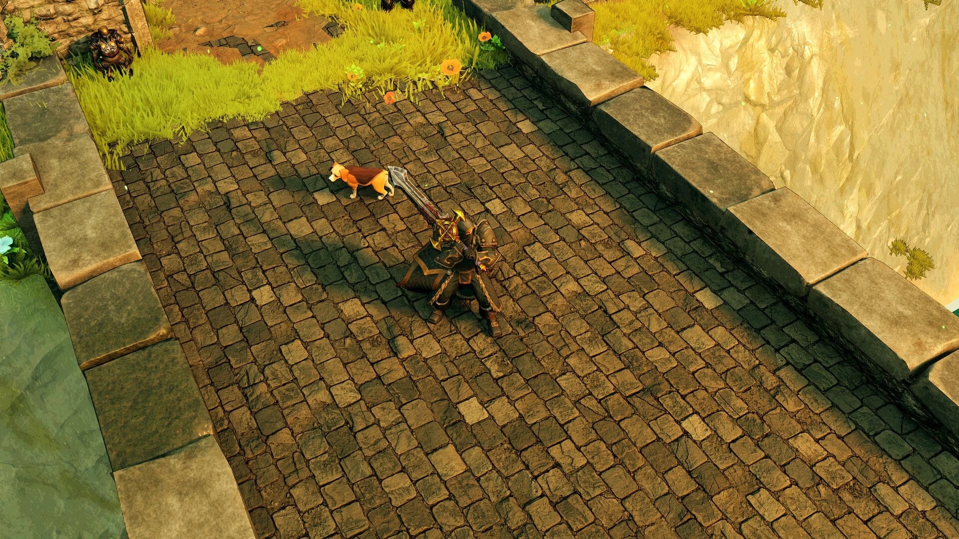 The Kingsward: Armored warrior with huge sword beside a dog on a cobblestone bridge walkway.
