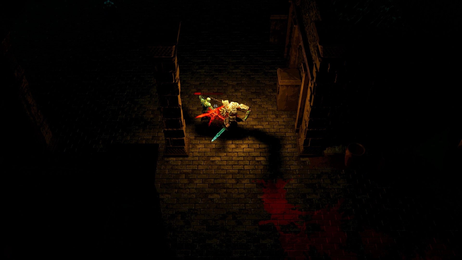 The Kingsward: Armored hero slashes a goblin, damage number pops up in a dark stone corridor.