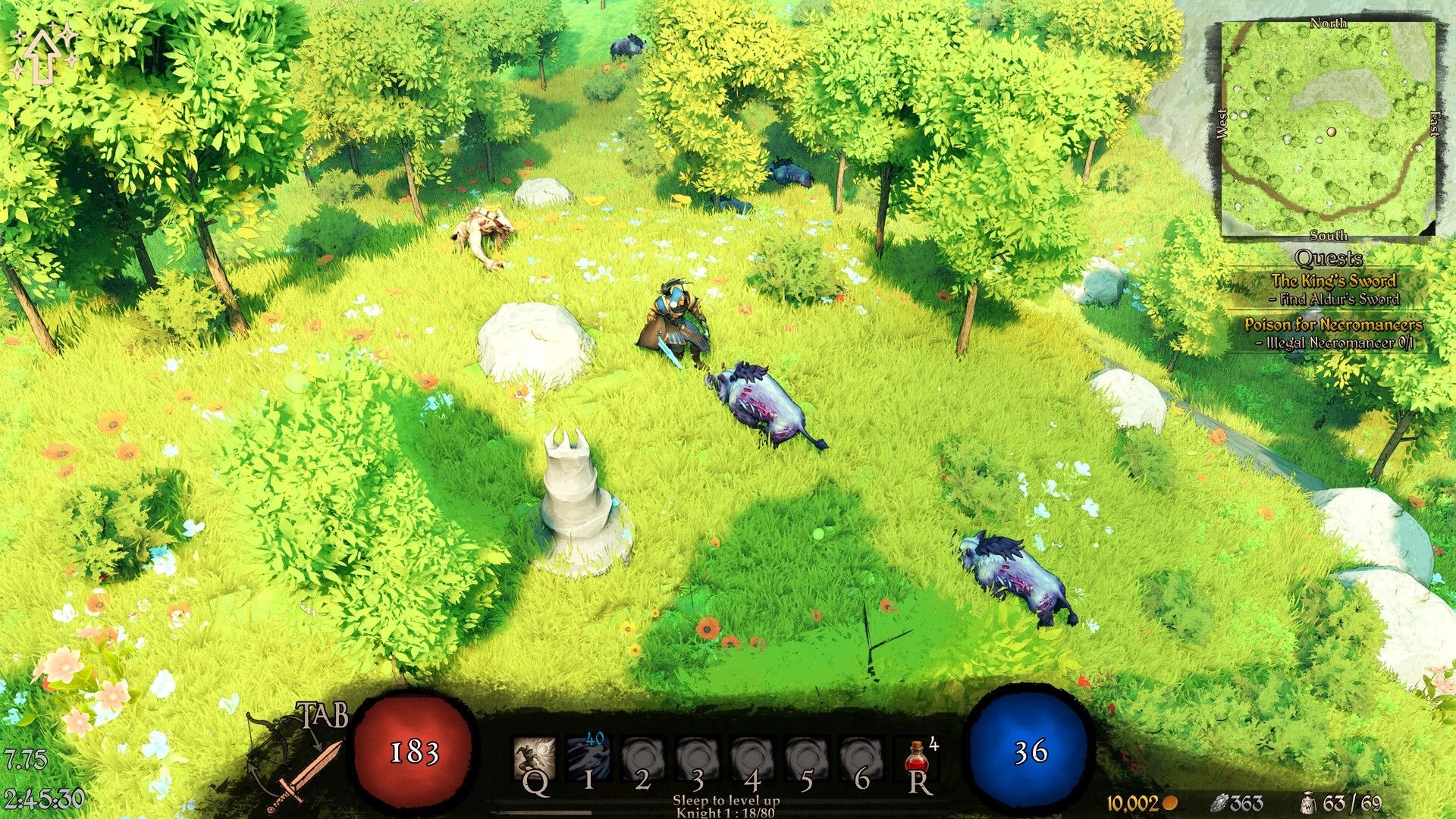 The Kingsward: Knight fights boar-like beasts in bright forest clearing with minimap and quest list UI.