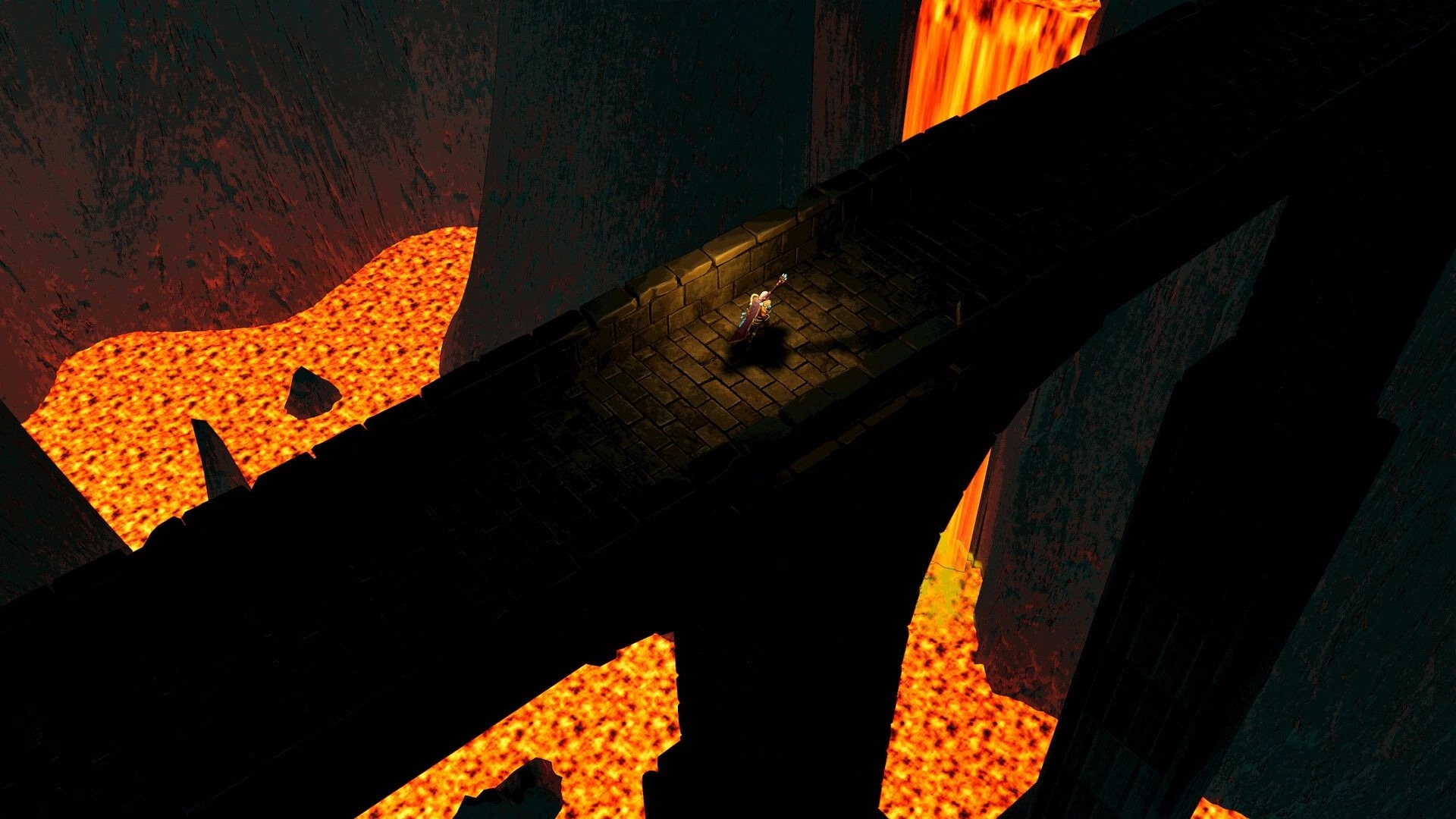The Kingsward: Lone adventurer crosses a stone bridge above lava falls in a dark volcanic chasm.