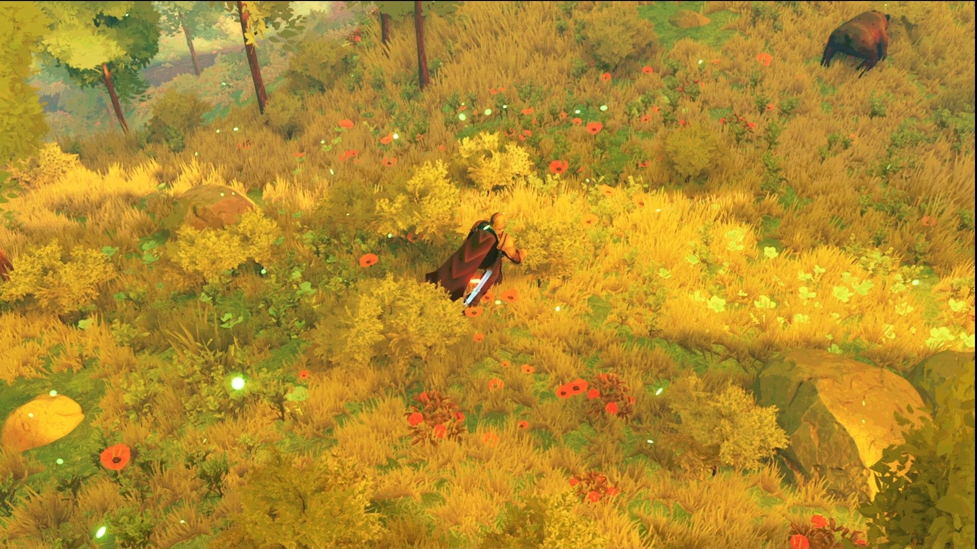 The Kingsward: Cloaked adventurer crouches in tall grass and poppies near rocks, boar uphill.