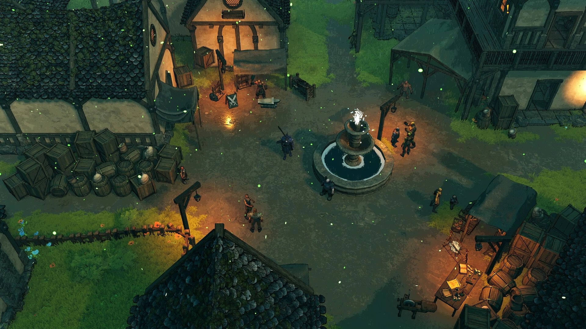 The Kingsward: Player stands near a town fountain as villagers gather in a lantern-lit square.