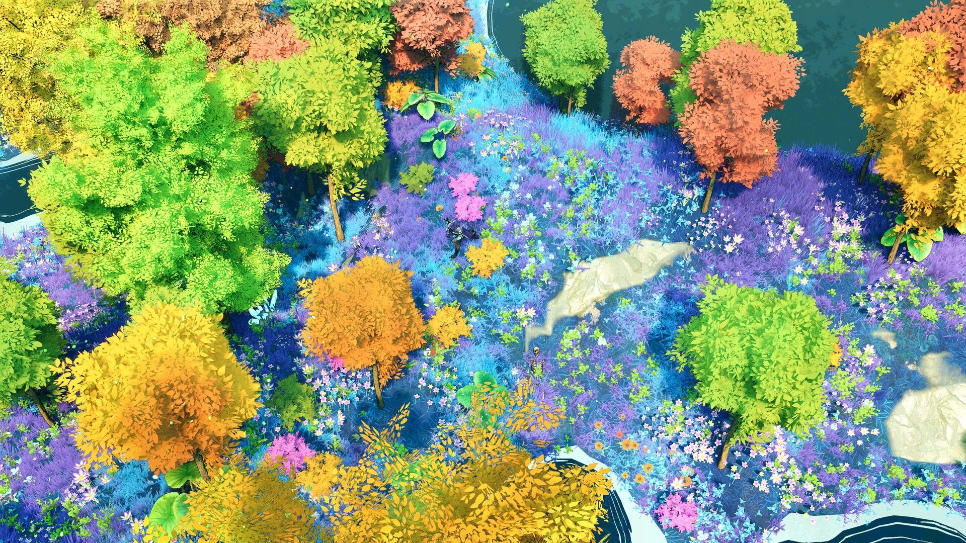 The Kingsward: Player character explores a vibrant flowered forest clearing among colorful trees and rocks.