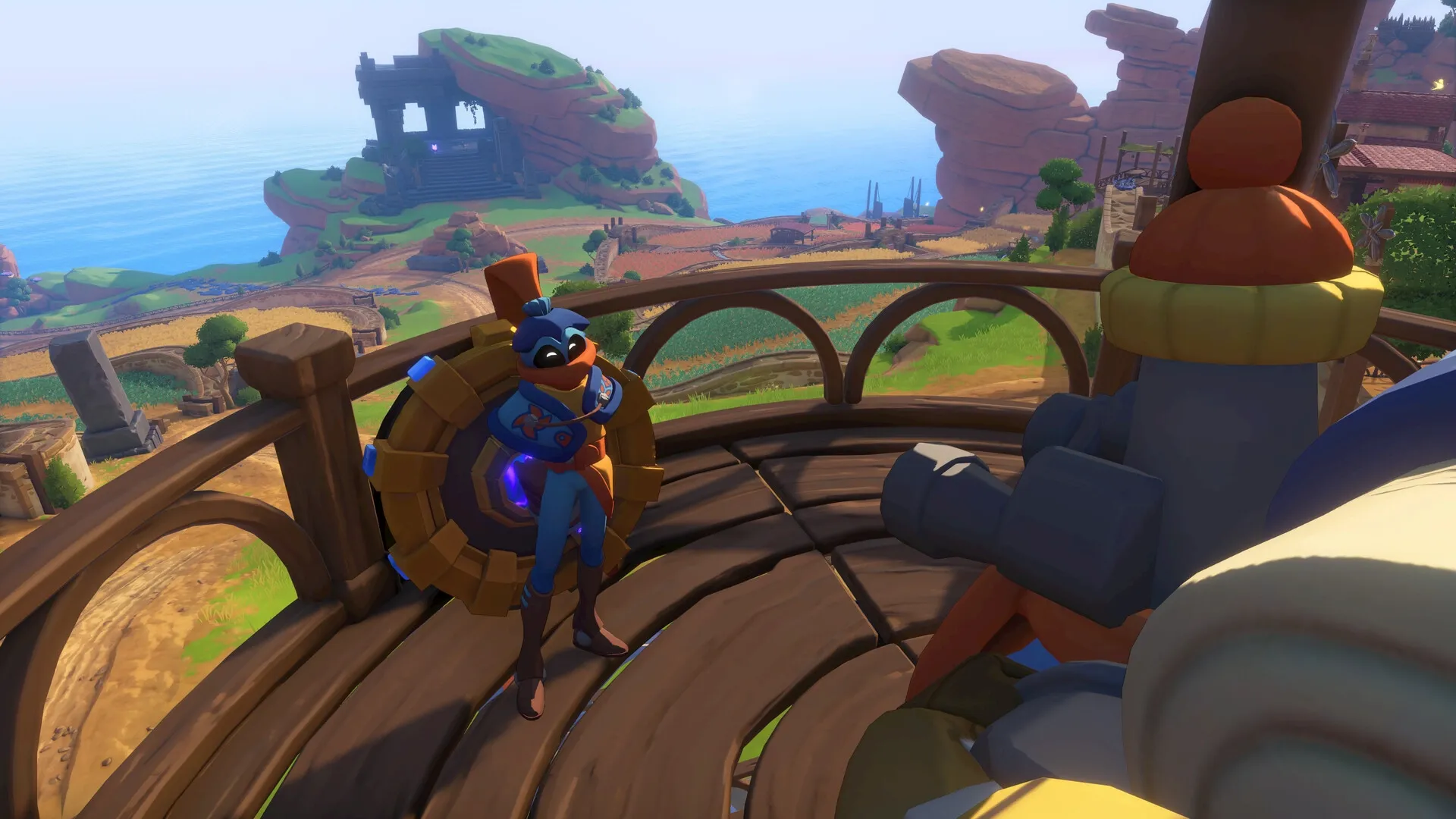 The Knightling: Character on lookout tower with shield overlooking vast coastal landscape in Clesseia