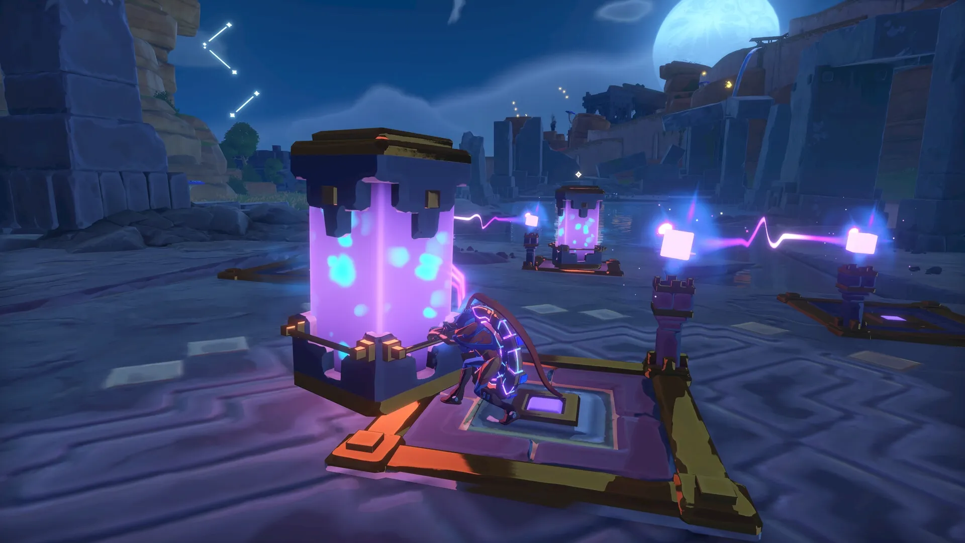 The Knightling: Shield-wielding knight activates glowing purple pillars under a moonlit sky in ruins.