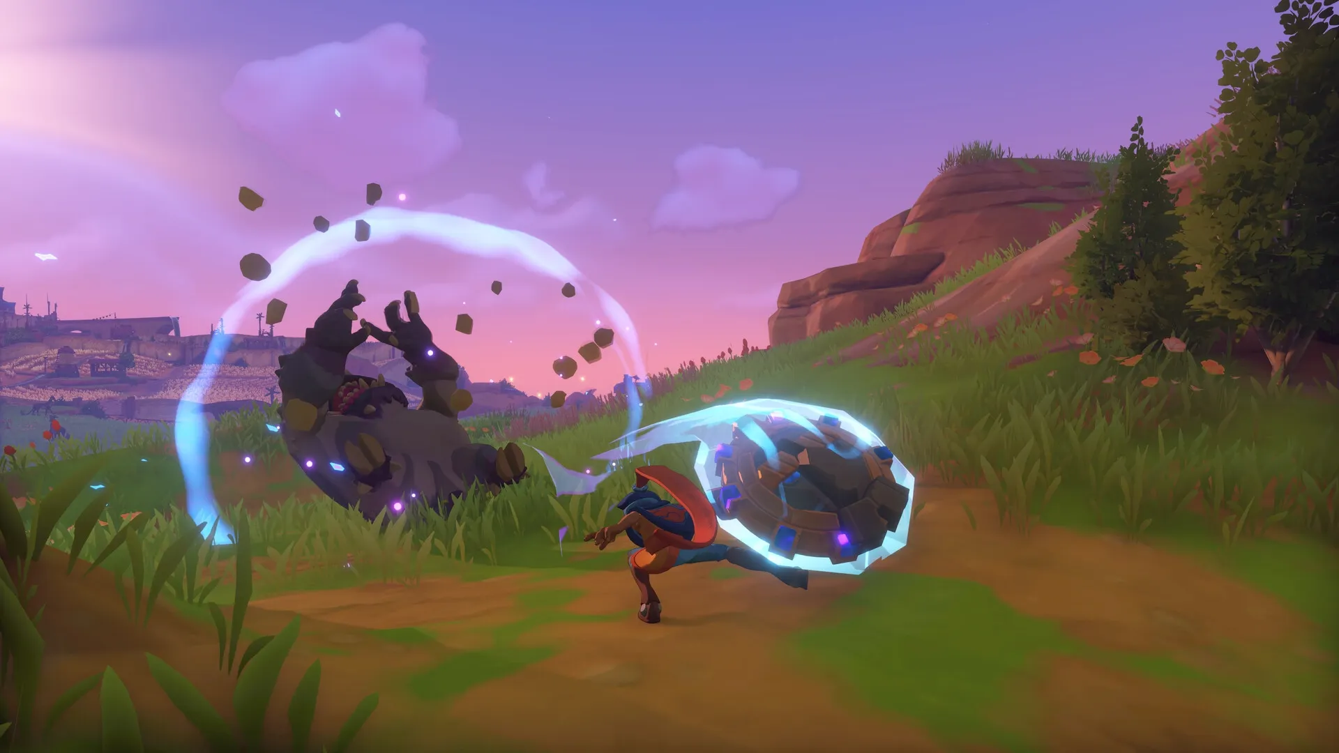 The Knightling: Player battles a stone creature using a glowing shield in a grassy, hilly landscape.