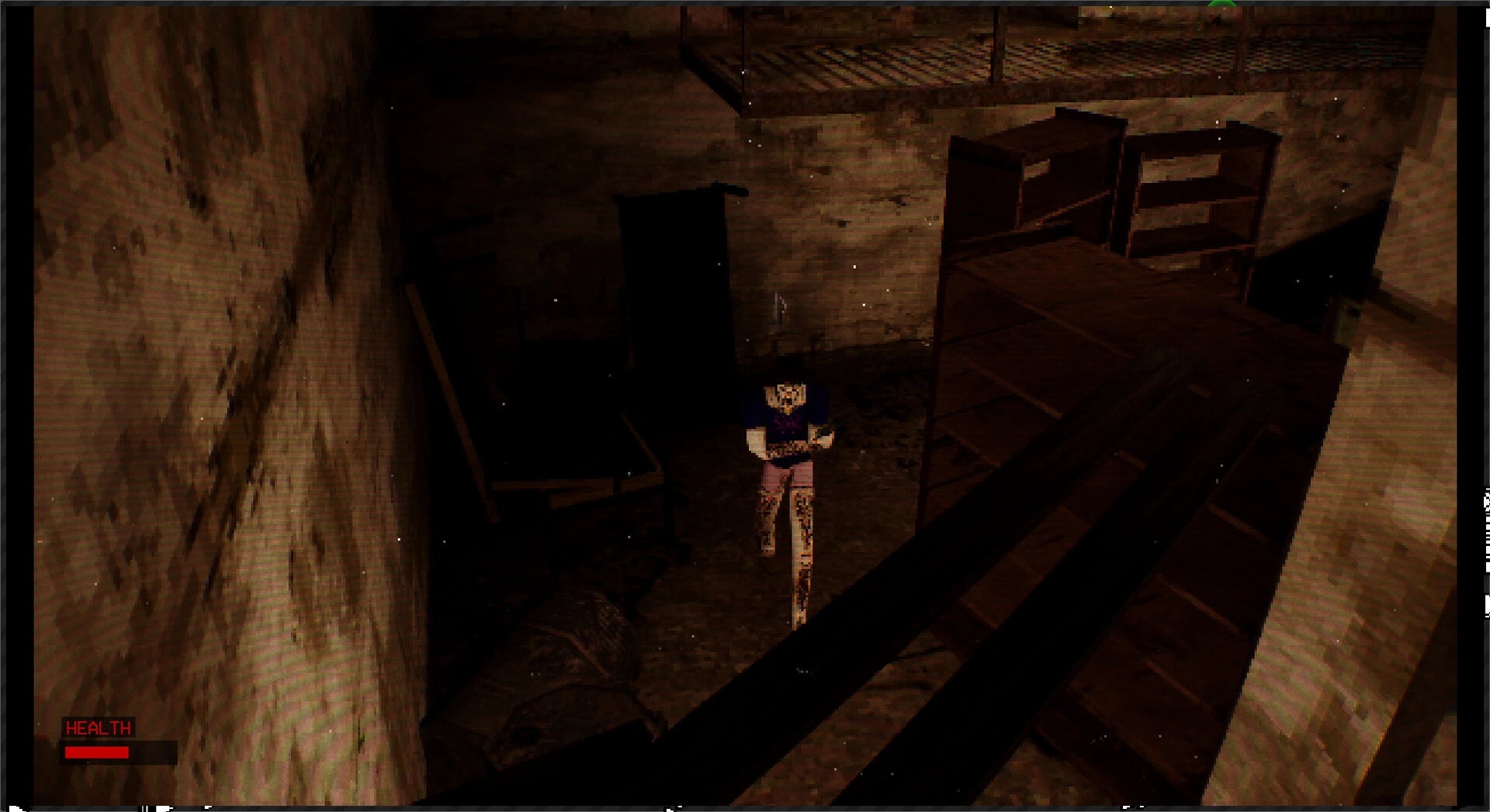 The Lacerator: Character standing in a dimly lit basement with shelves, health bar in bottom corner.