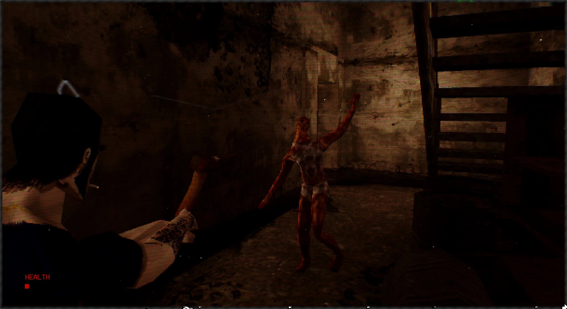 The Lacerator: Player aims axe at zombie enemy in dimly lit basement with health bar in corner.