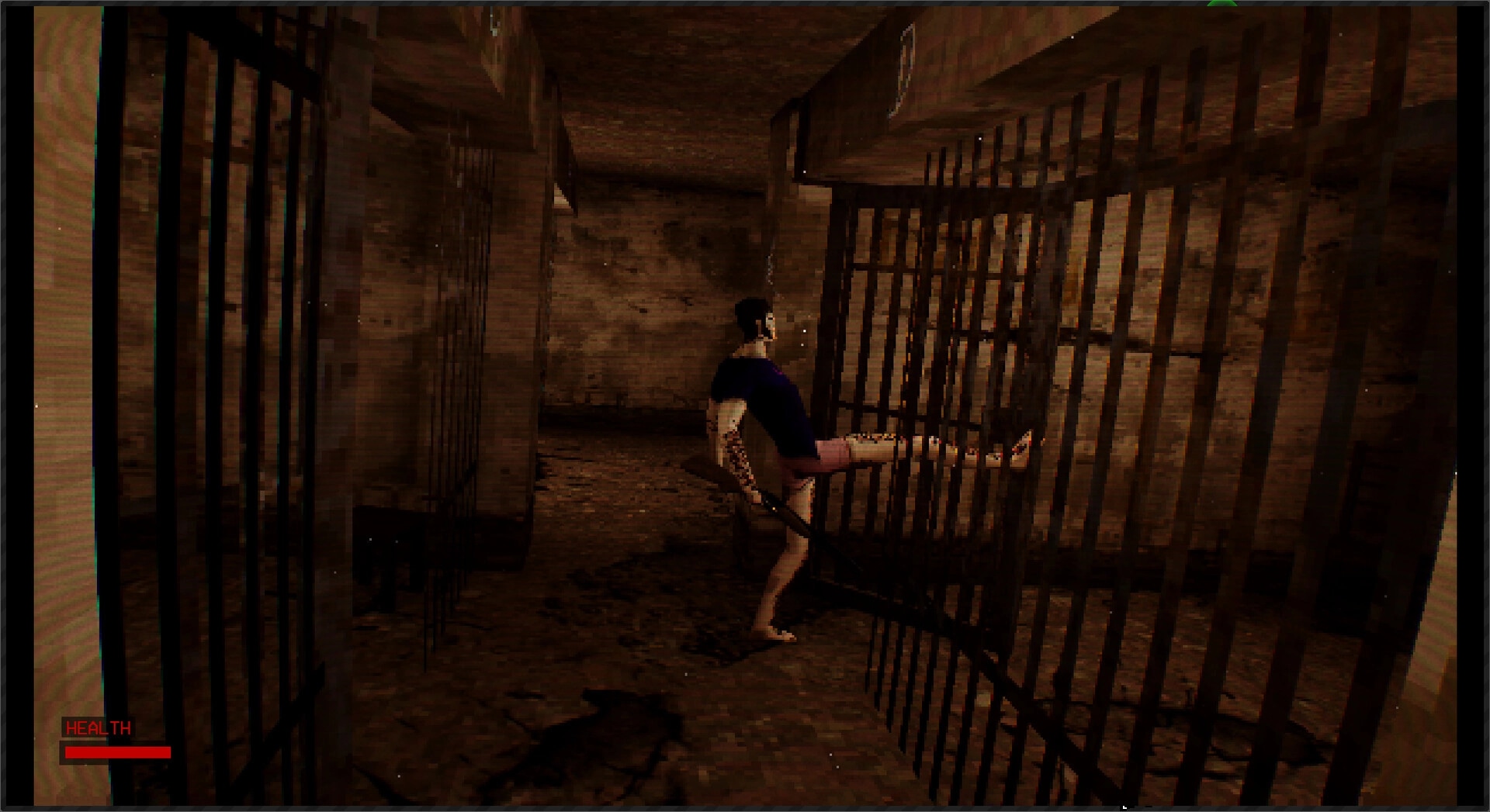 The Lacerator: Character kicks open cell door in dimly lit dungeon with health bar displayed at bottom left.