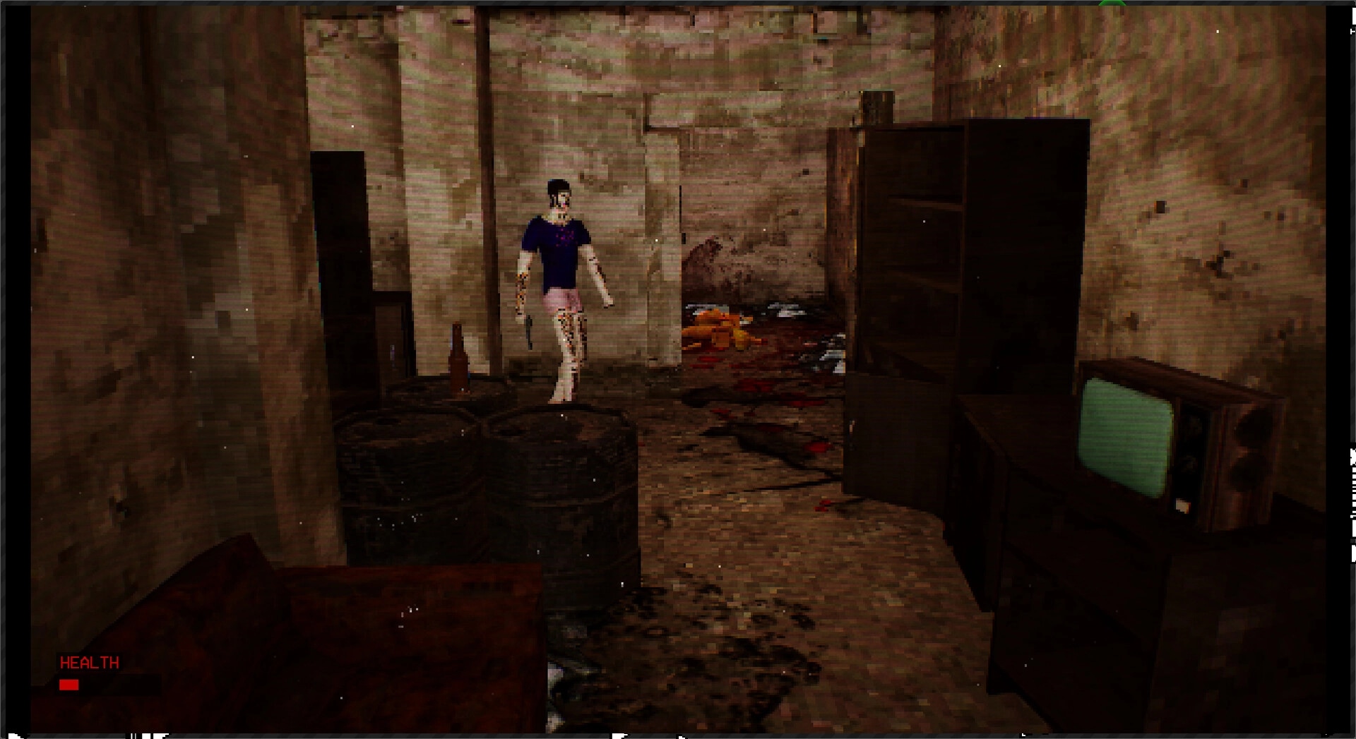 The Lacerator: Character explores decrepit room with old TV, barrels, and low health indicator.