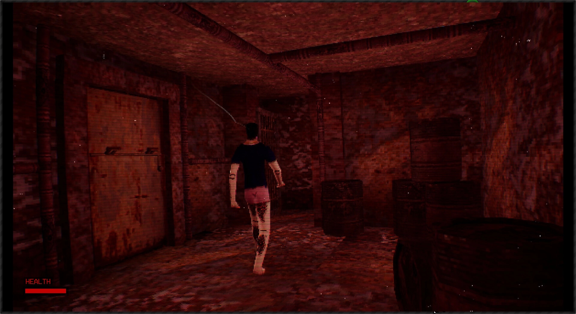 The Lacerator: Player explores dimly lit basement with barrels, rusted door, and health bar displayed.