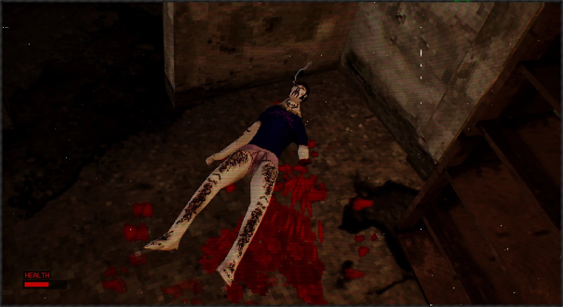 The Lacerator: Character lying injured in a dimly lit room with health bar displayed in the corner.
