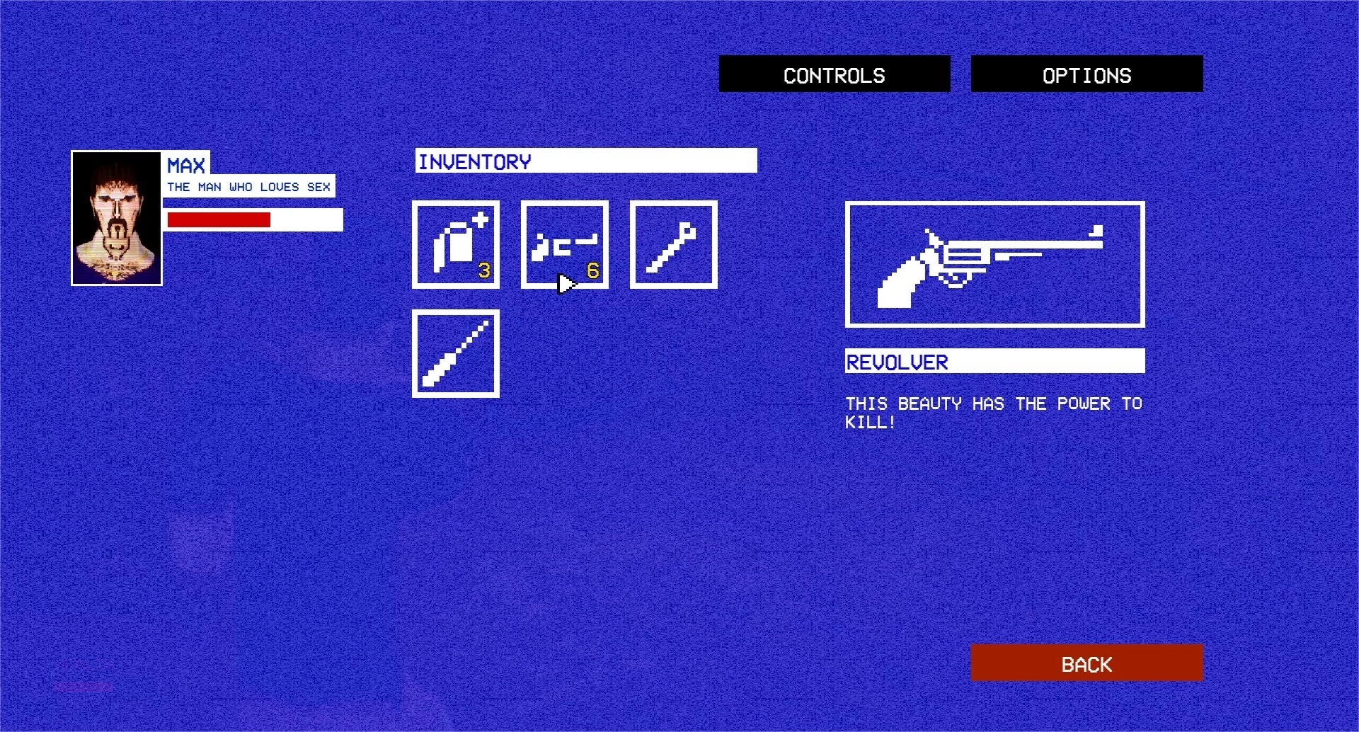 The Lacerator: Character Max's inventory screen displaying items and a revolver description in menu.