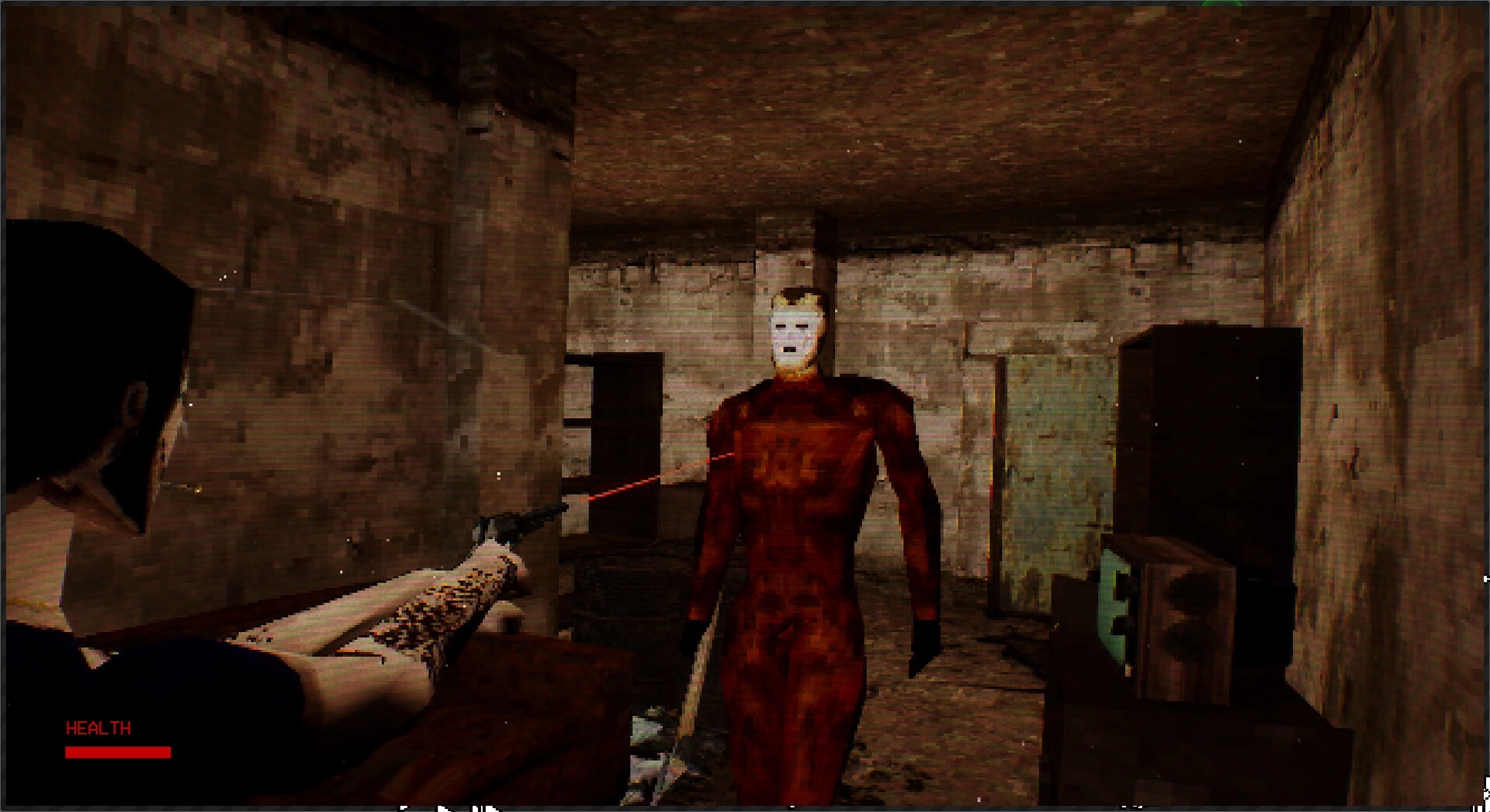 The Lacerator: Player aims gun at masked enemy in decrepit room with health bar displayed