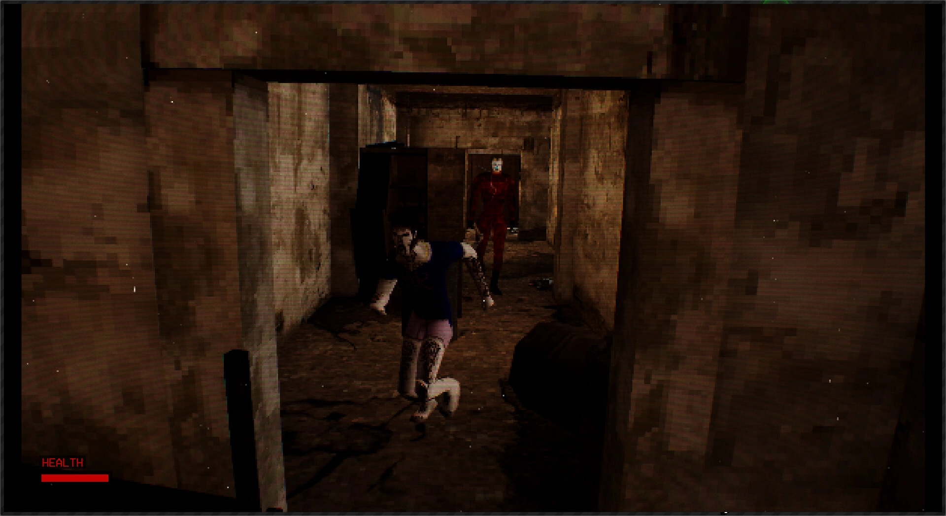 The Lacerator: Player fleeing from an enemy in a dim, decrepit corridor with health bar visible.