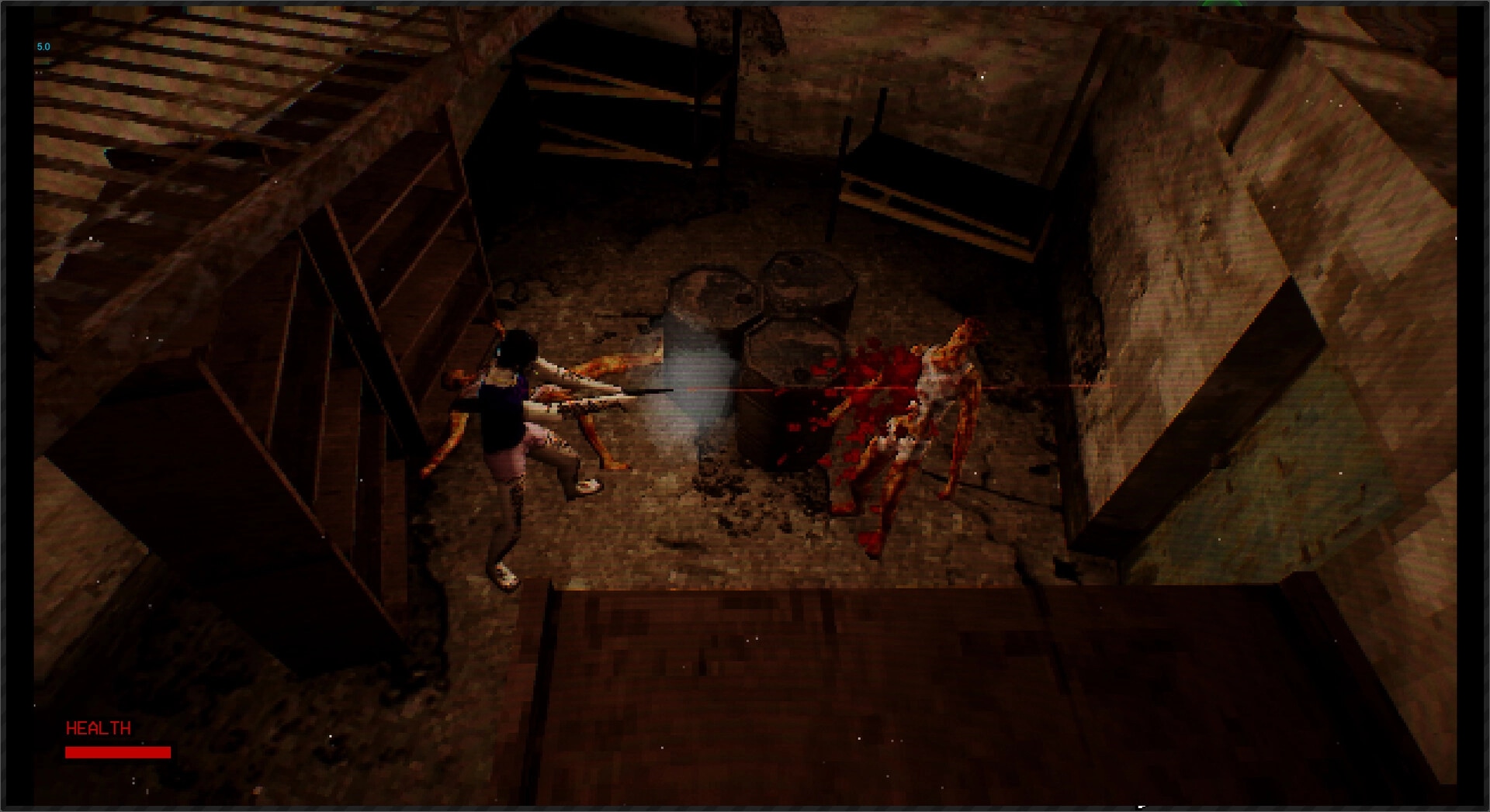 The Lacerator: Player shoots at bloodied creature in dimly-lit basement with barrels and shelves.