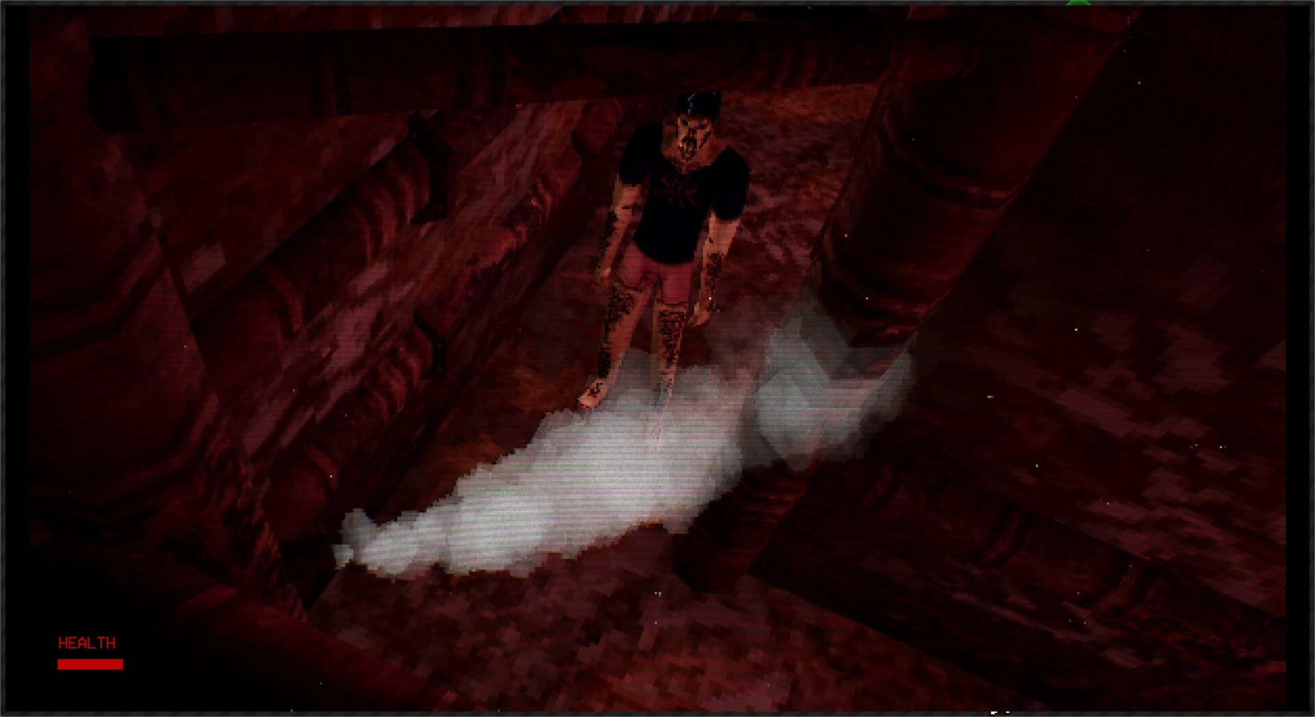 The Lacerator: Character stands in dark corridor with smoke and health bar in lower-left corner