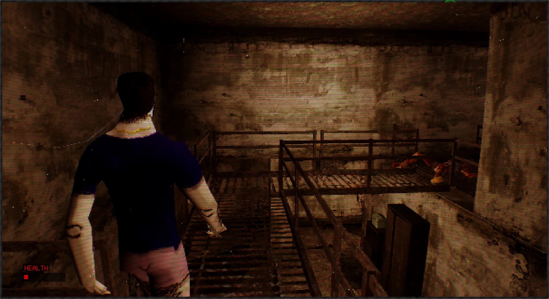 The Lacerator: Character explores dimly lit industrial catwalks with low health in abandoned warehouse.