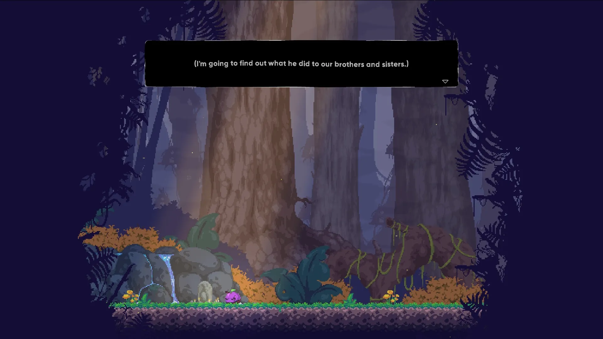 The Last Grape: Ninja grape in forest clearing with dialogue box above, surrounded by tall trees.