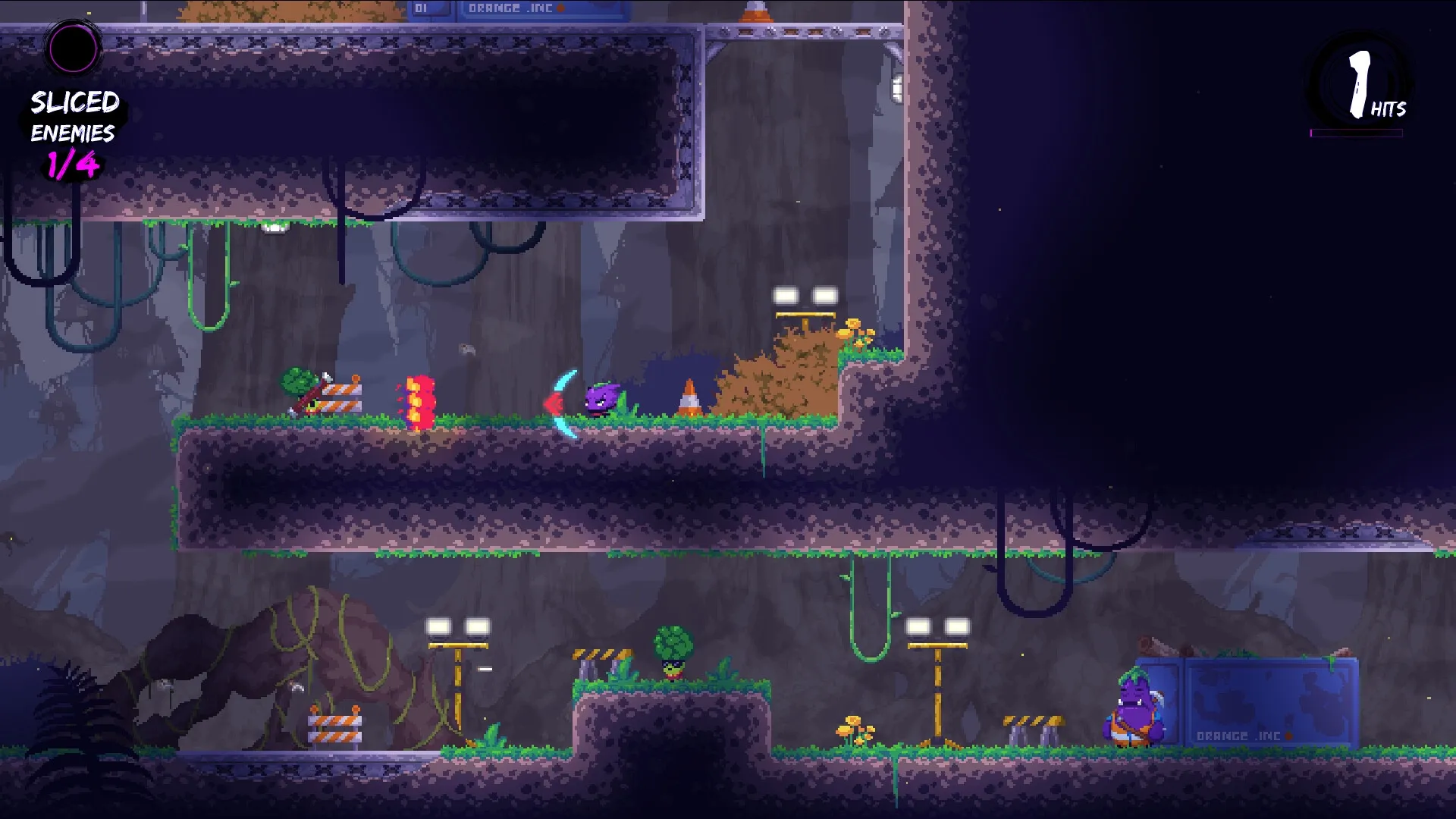 The Last Grape: Ninja grape battling enemies in a dark, underground cavern with vines and obstacles