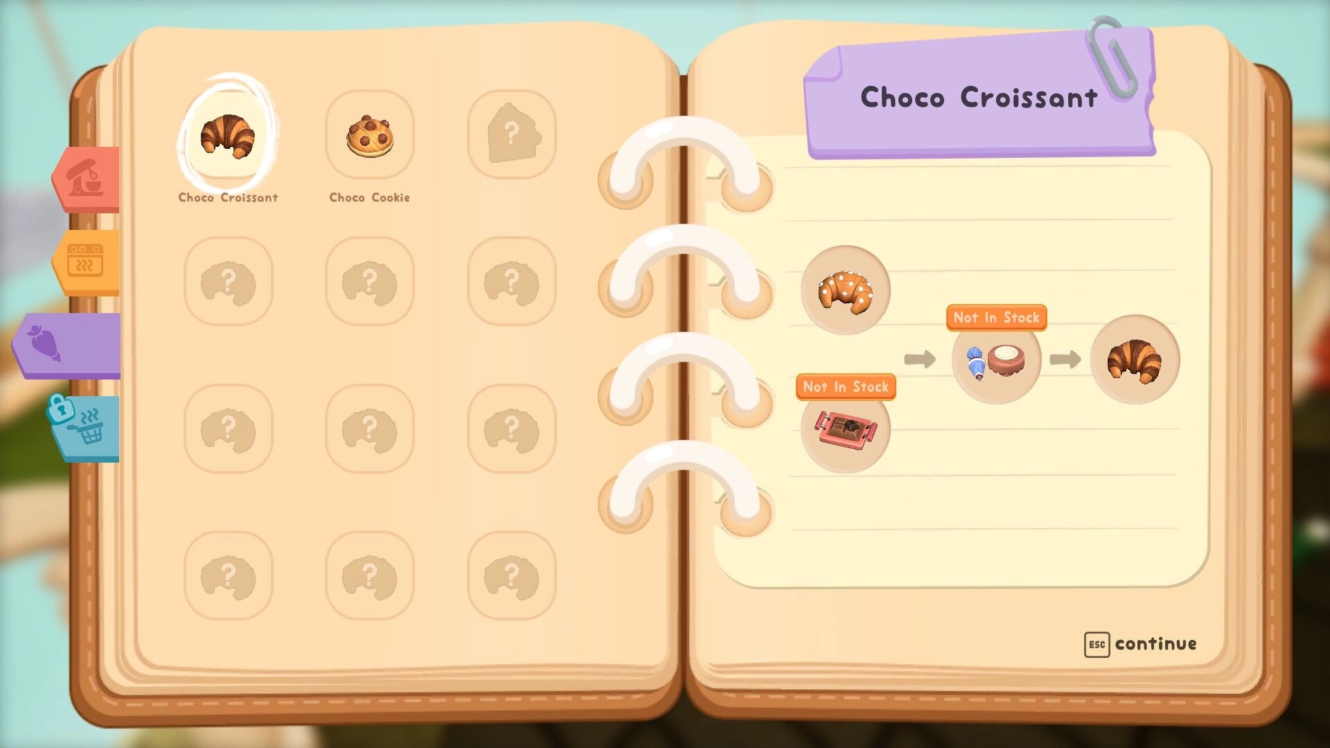 The Little Crumb: Recipe book menu for Choco Croissant with ingredient icons and Not In Stock tags.