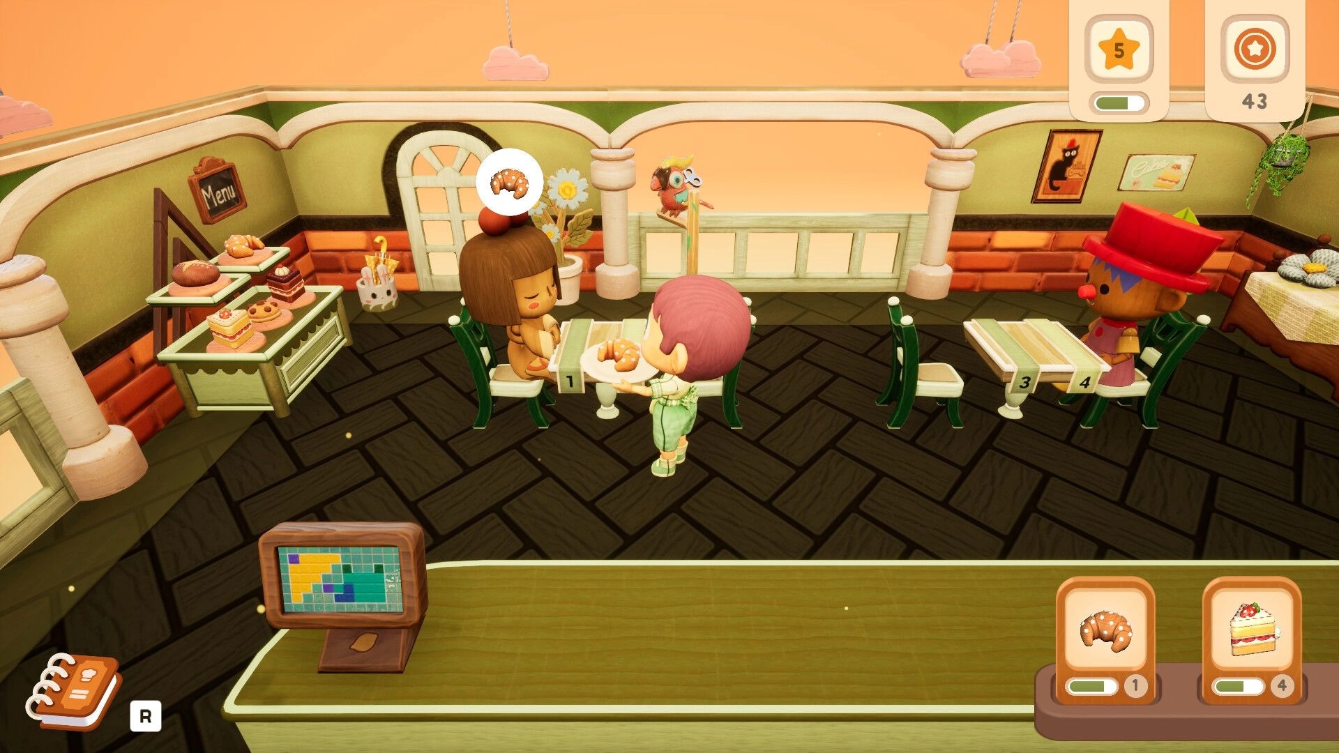 The Little Crumb: Serving a croissant to a seated customer inside a cozy bakery with order UI icons.