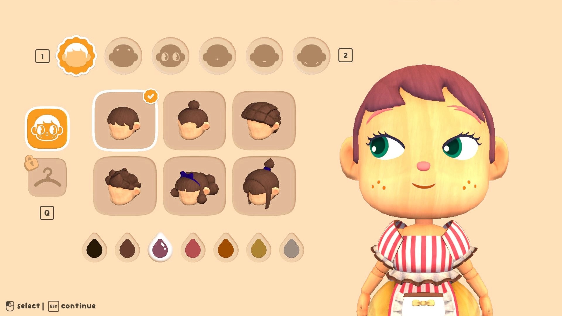 The Little Crumb: Character customization hair selection menu with hairstyle icons and doll avatar preview.