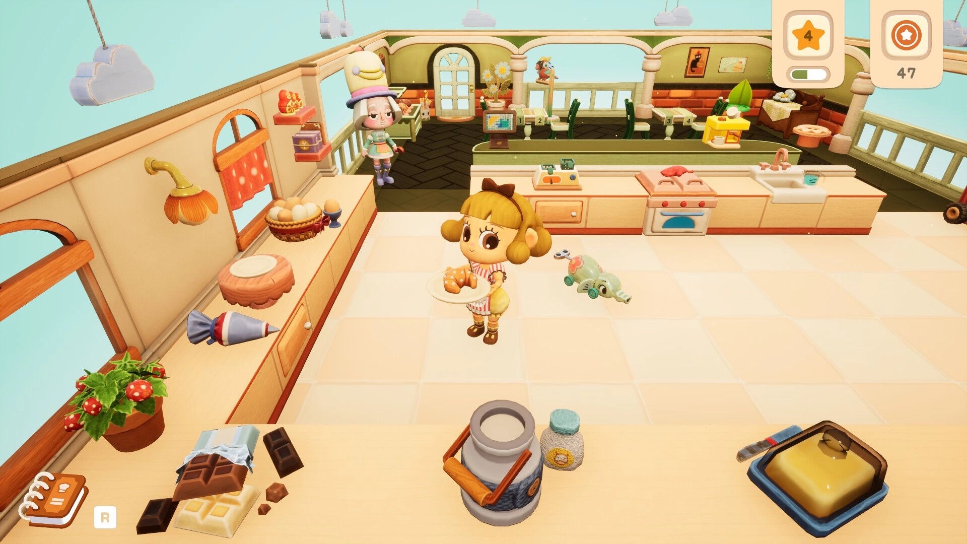 The Little Crumb: Player holds a plate of croissants in a cozy bakery kitchen with level UI and coins.