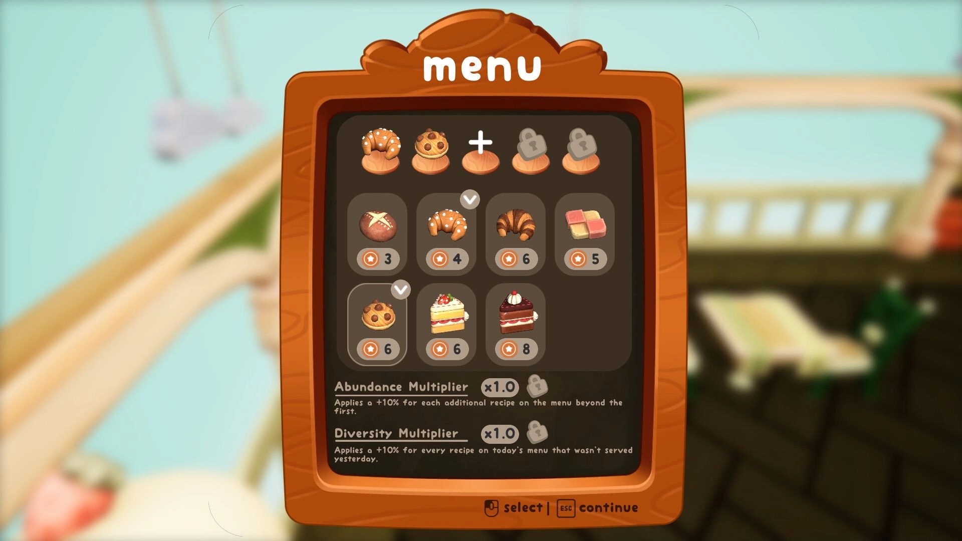 The Little Crumb: Bakery menu UI selecting pastries and cakes with locked slots over blurred town view.