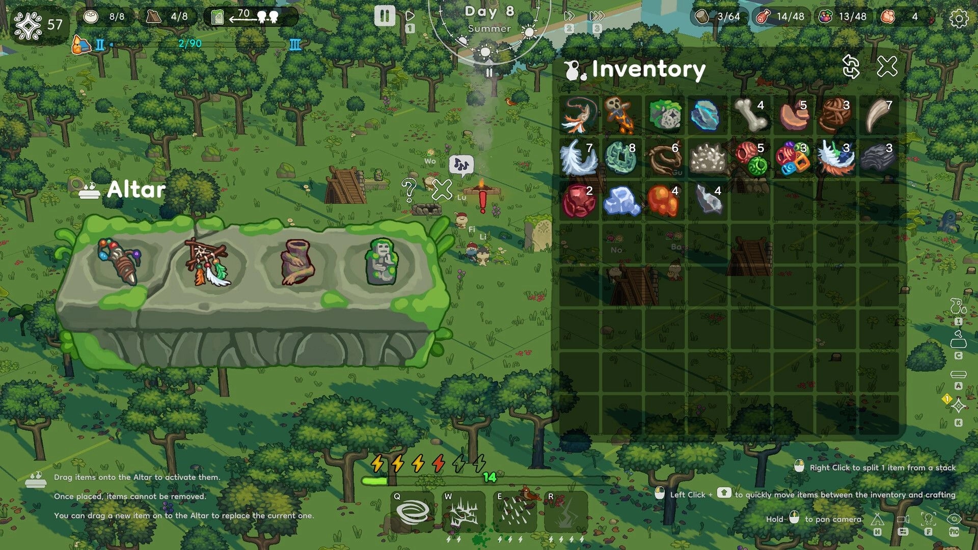 The Little Land: Inventory and Altar UI open over forest village scene with resources and day timer HUD.