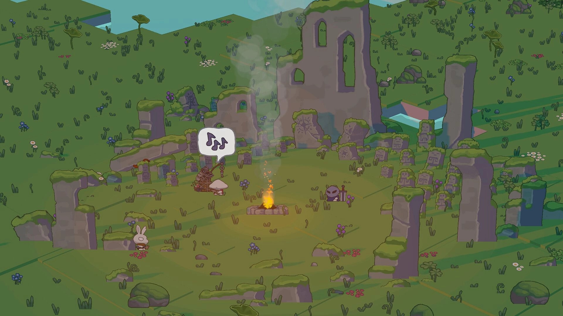 The Little Land: Littles gather by a campfire with music icon amid mossy ruins and stone totems.
