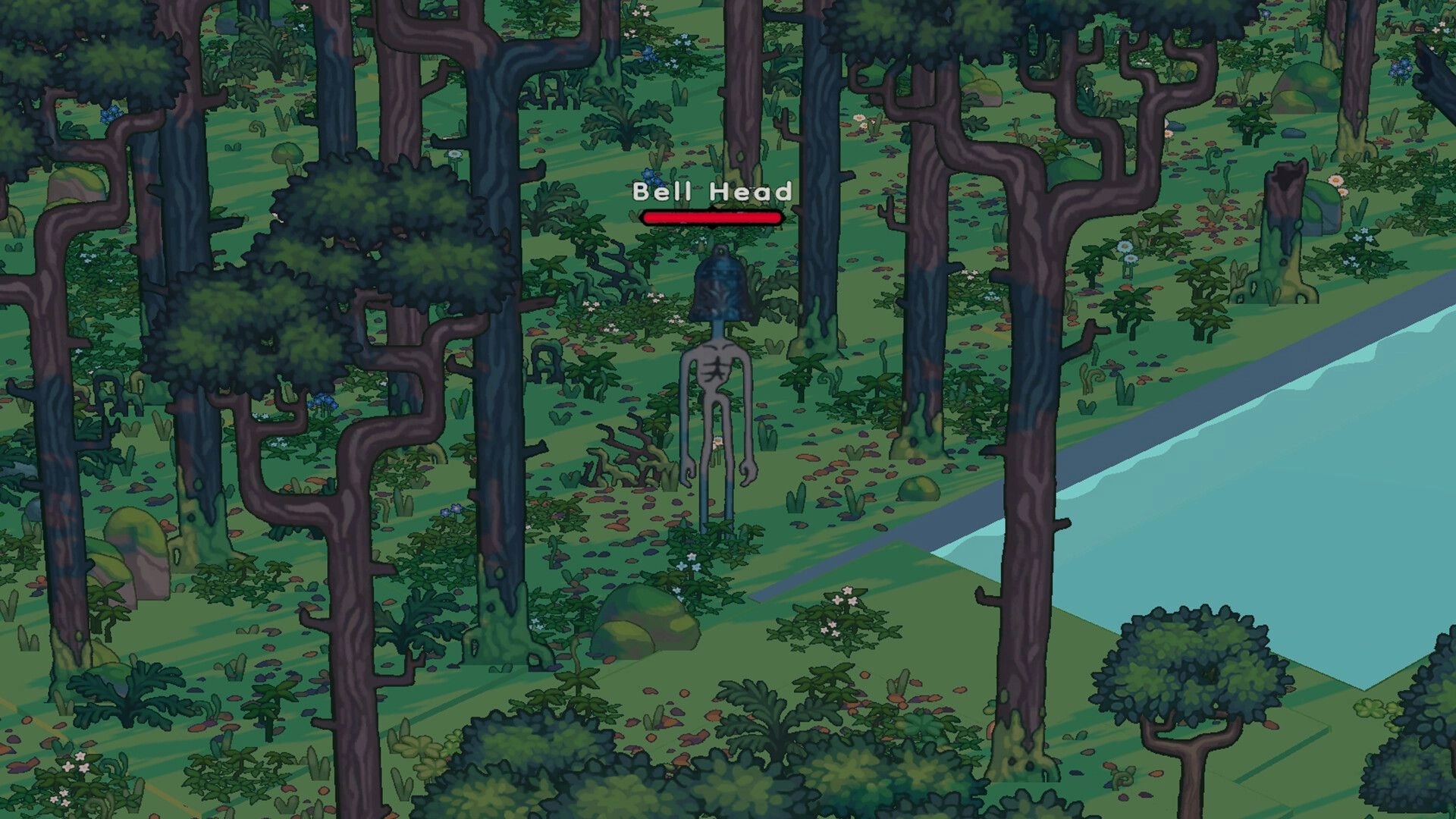 The Little Land: Bell Head enemy with red health bar standing in dense forest beside a riverbank.