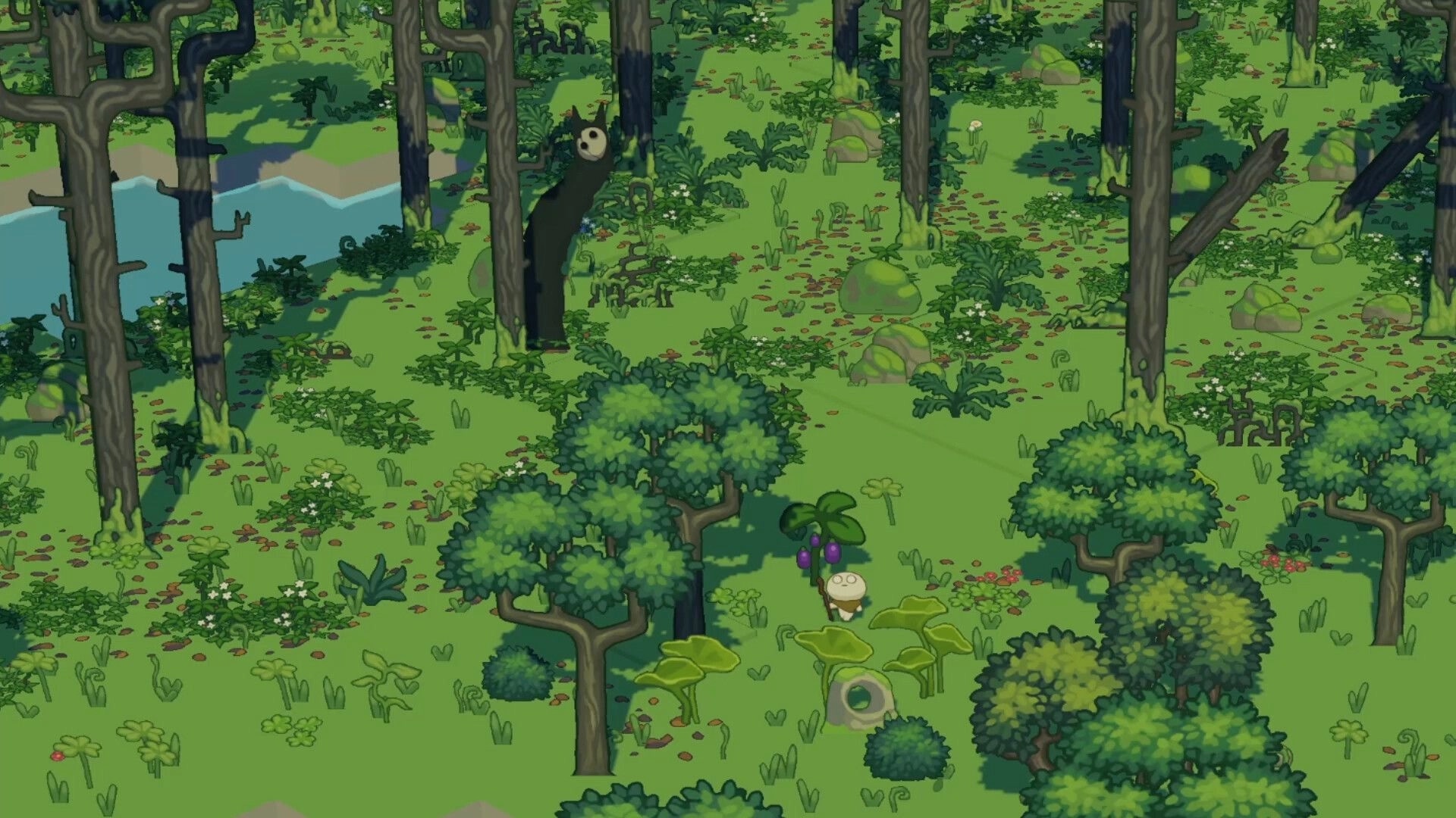 The Little Land: A Little stands by a berry tree in a lush forest clearing with ponds and rocks.