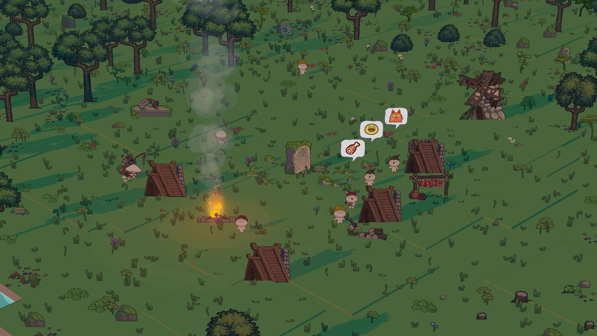 The Little Land: Littles gather by huts and campfire, thought bubbles over a grassy forest clearing.